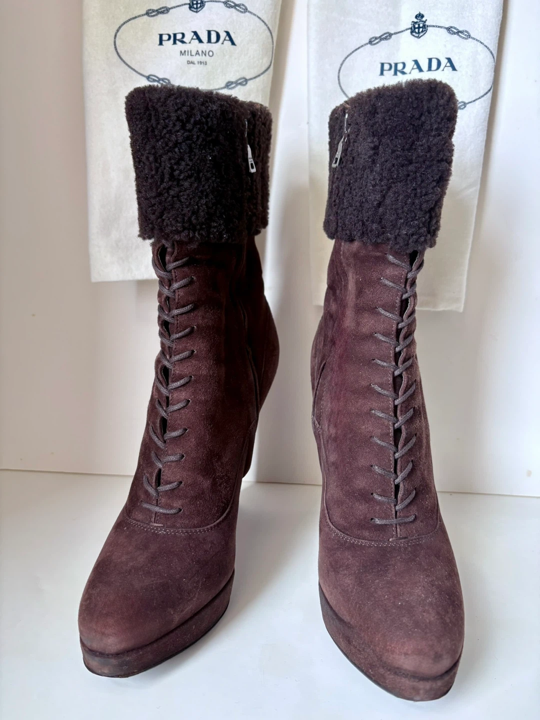 Prada Brown Suede Shearling Trim Boots - 37.5