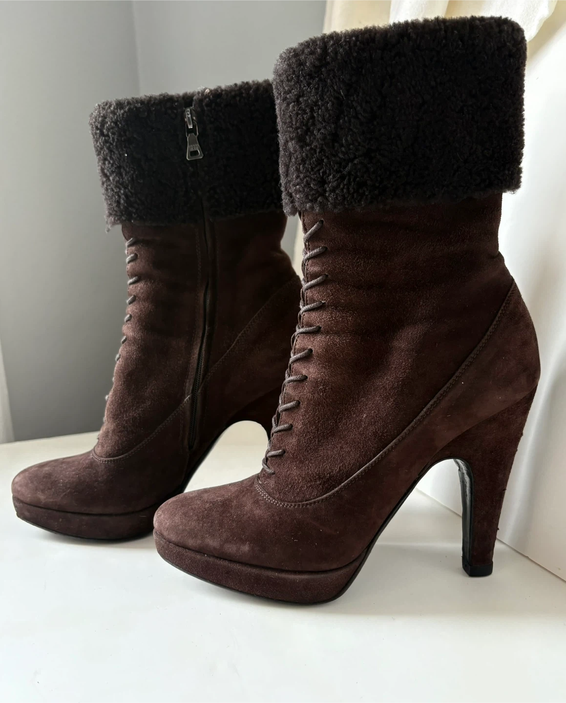 Prada Brown Suede Shearling Trim Boots - 37.5 - photo 3