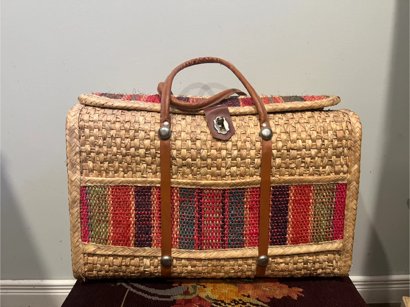 Vintage Wicker Picnic Basket with Leather Straps