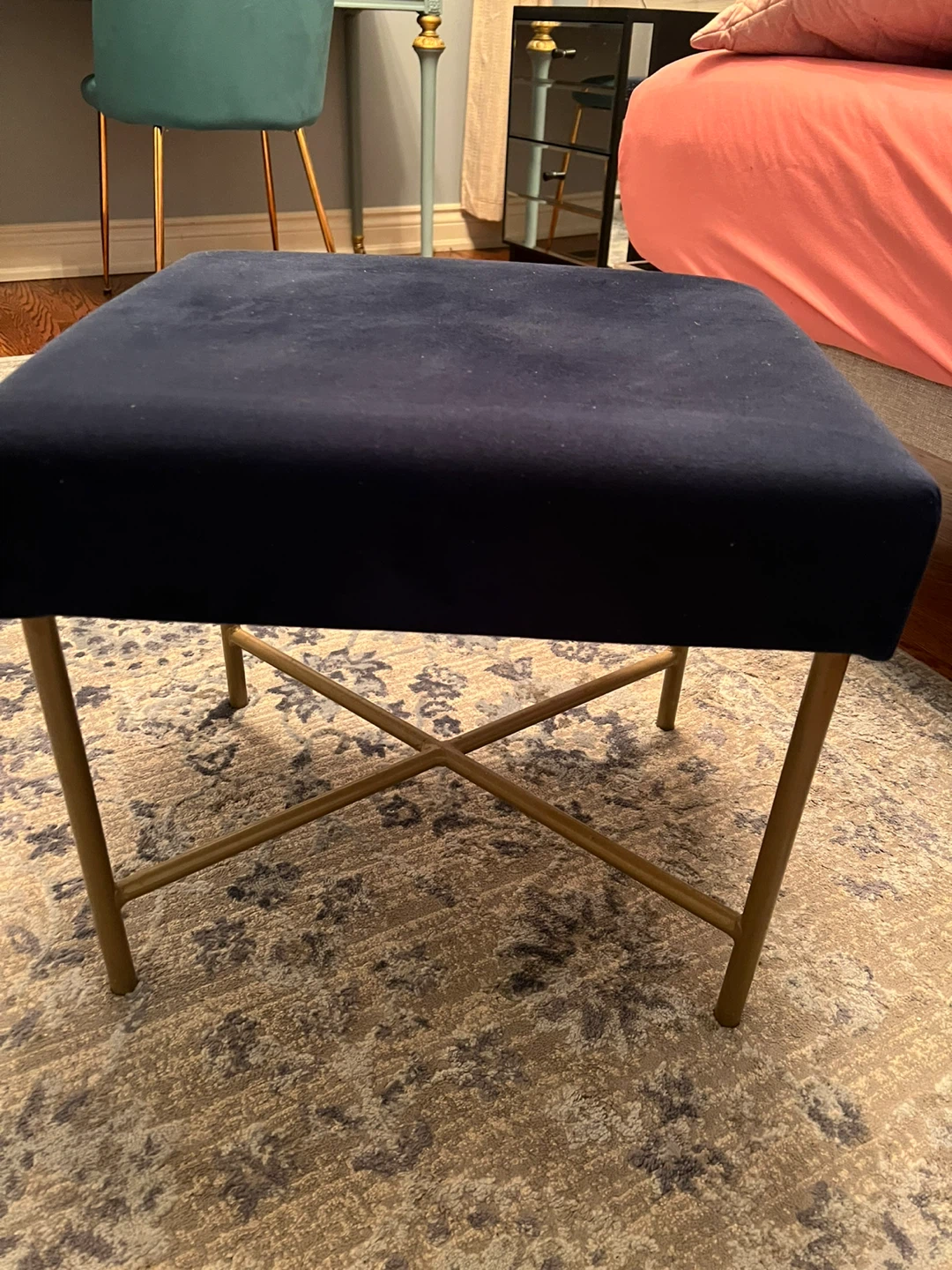 Navy Velvet Ottoman Stool