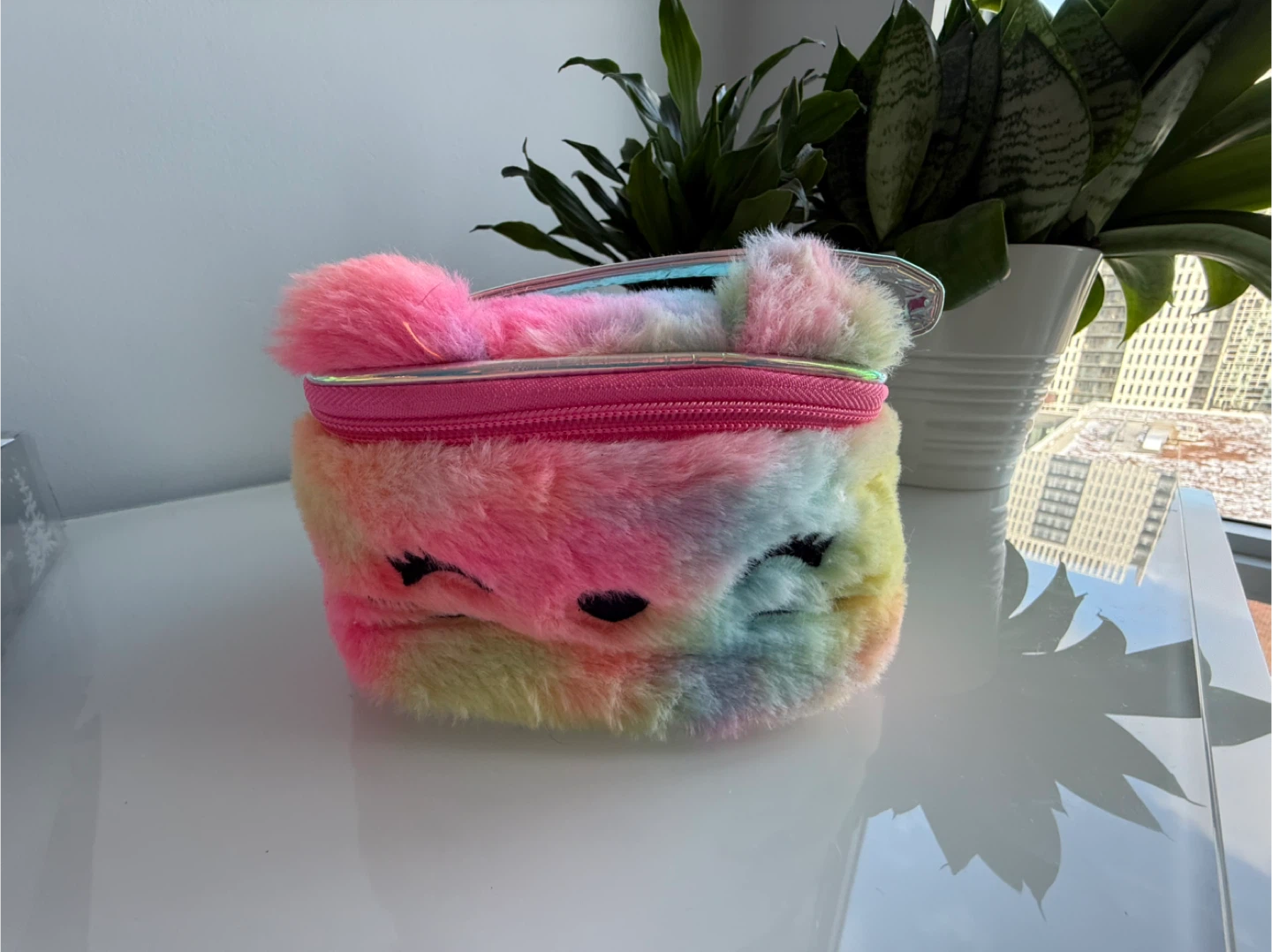 New Claire's Rainbow Furry Cosmetic Bag
