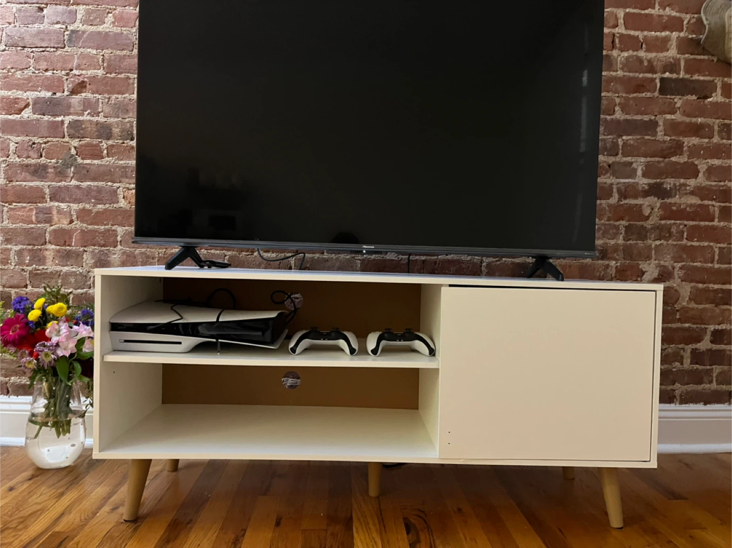 White TV Stand with Wooden Legs