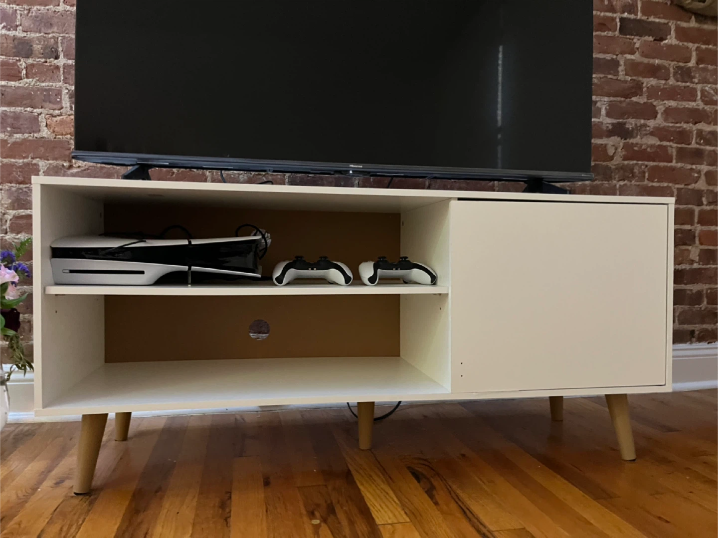 White TV Stand with Wooden Legs - photo 2