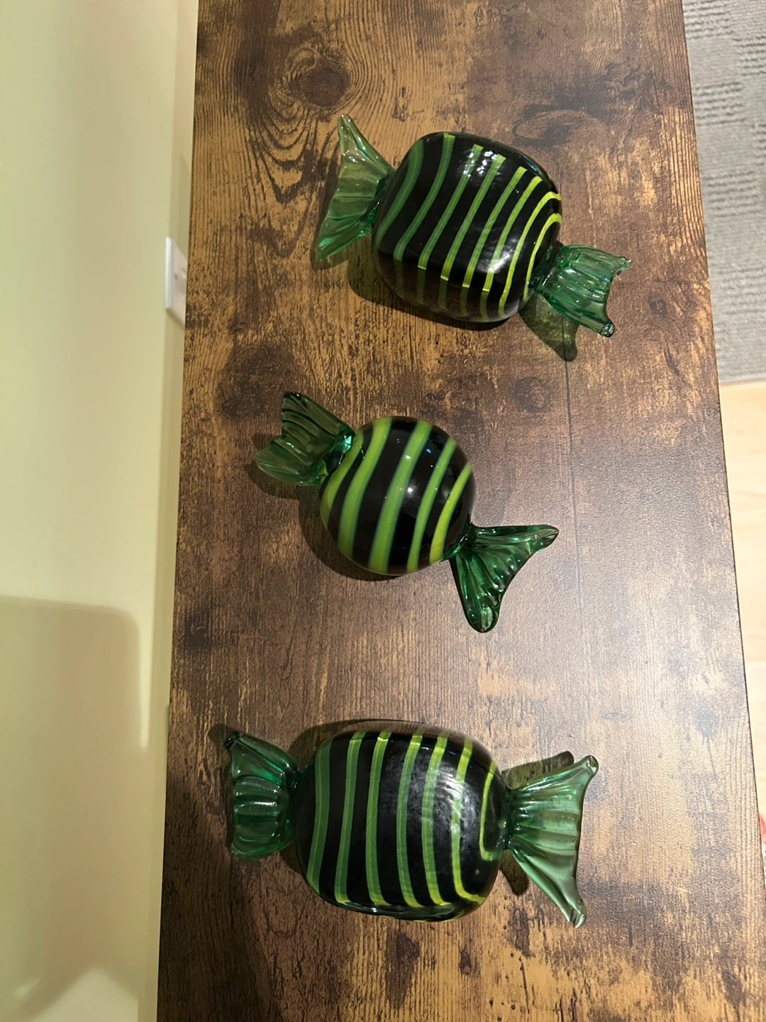 Set of 3 oversized Green & Black Glass Candies.