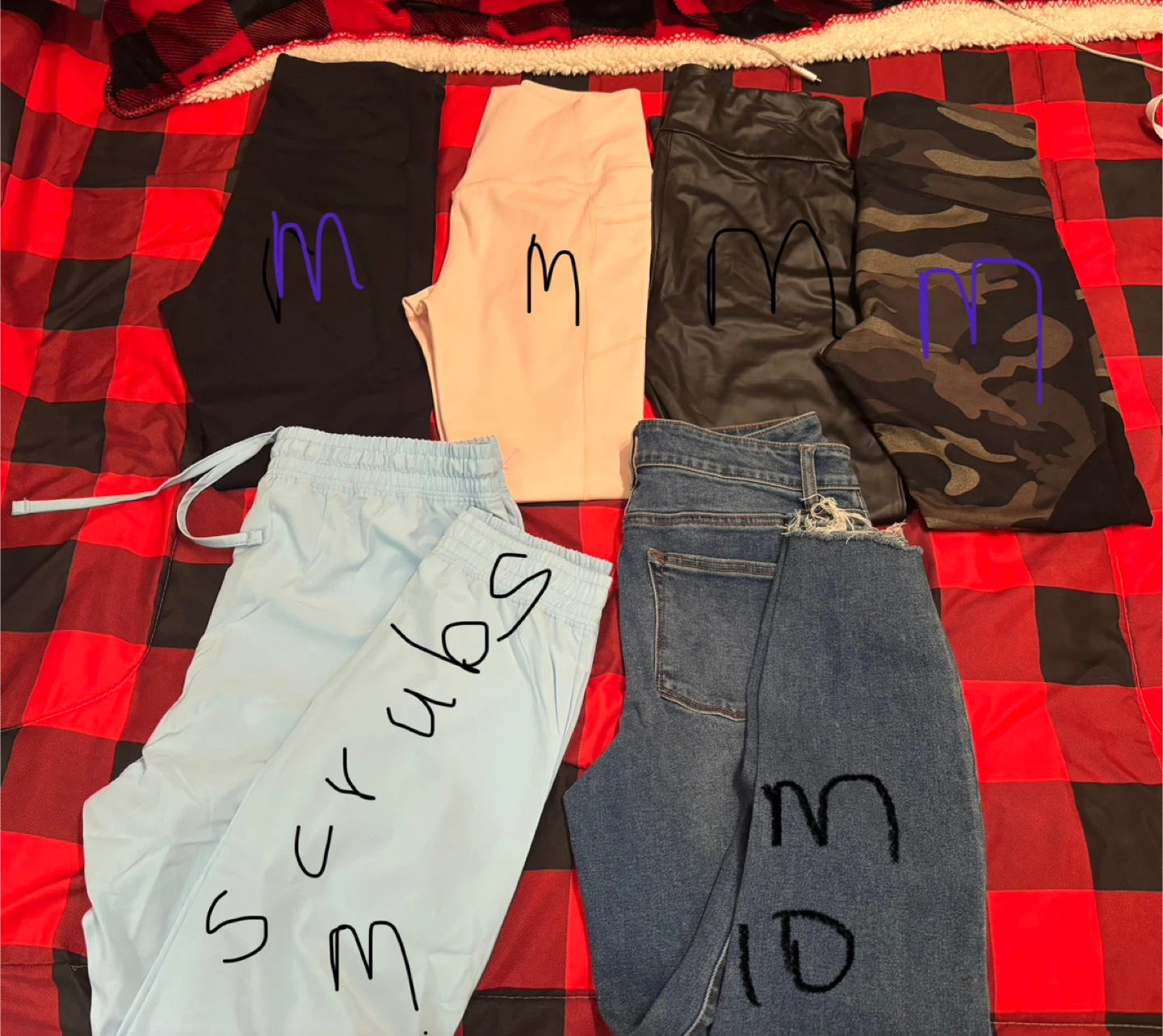 Assorted Leggings, Scrubs, jeans $5 each