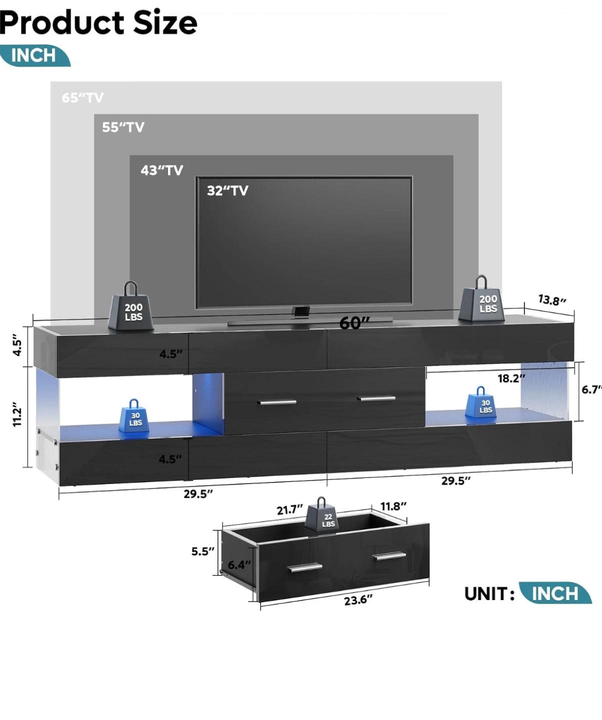 Black TV Stand Console with LED- 60Inches