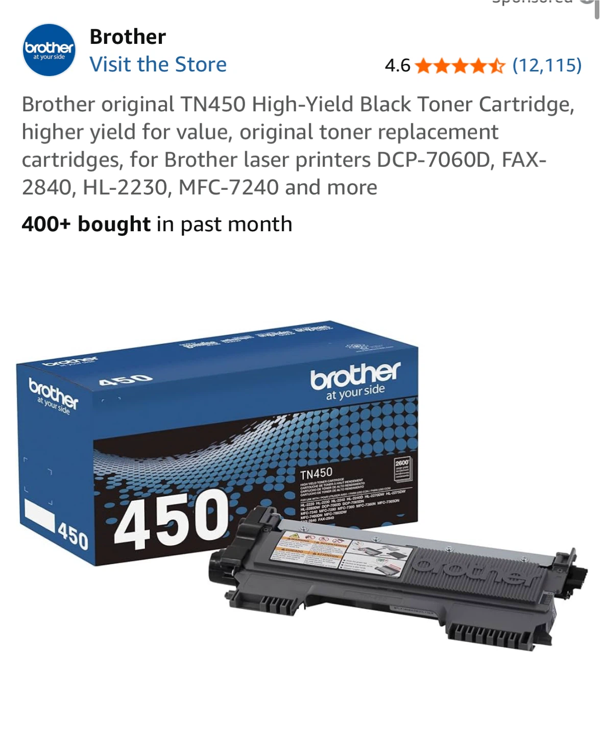 Brother TN450 High-Yield Black Toner Cartridge