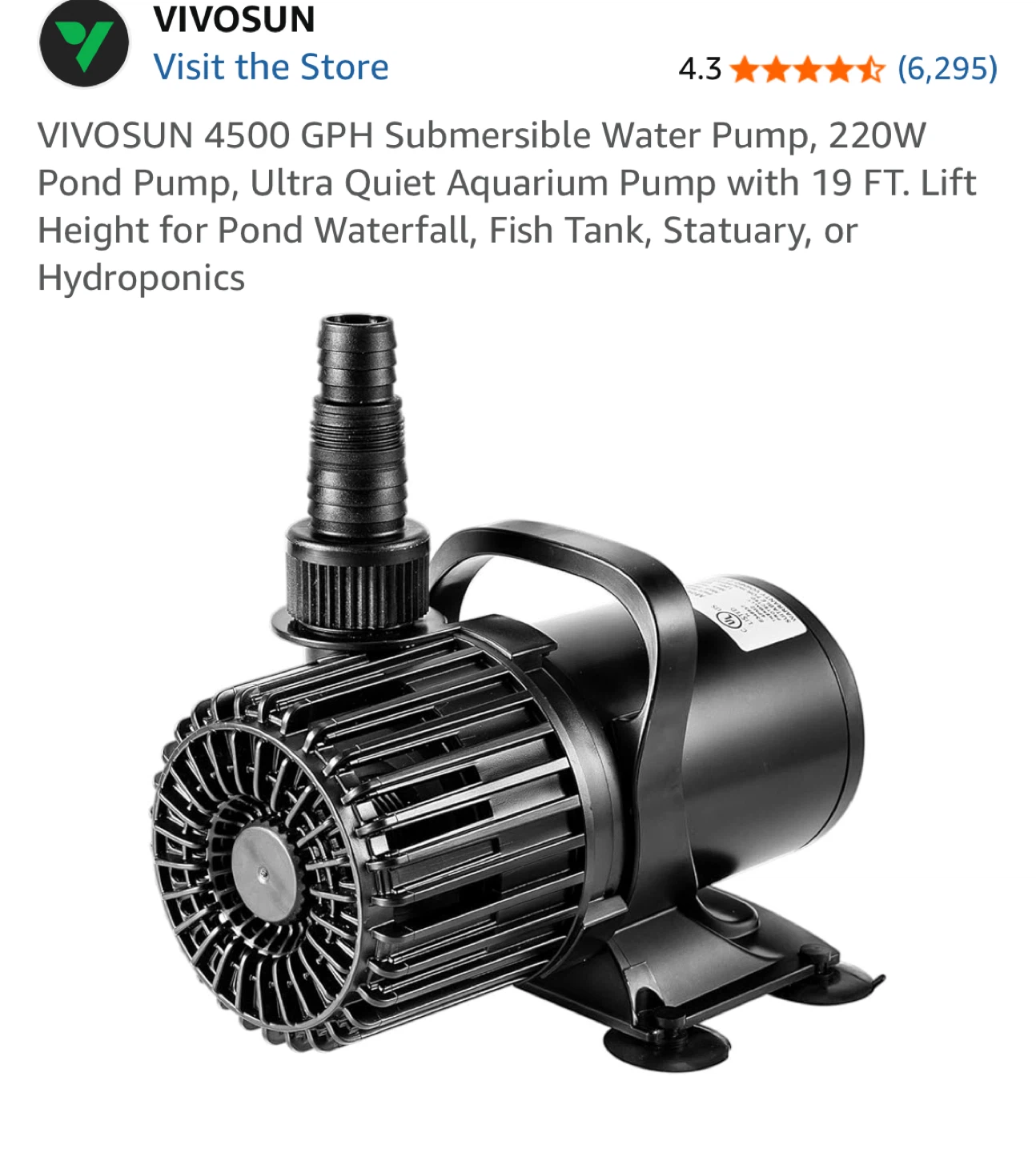 VIVOSUN 4500 GPH Submersible Water Pump - New