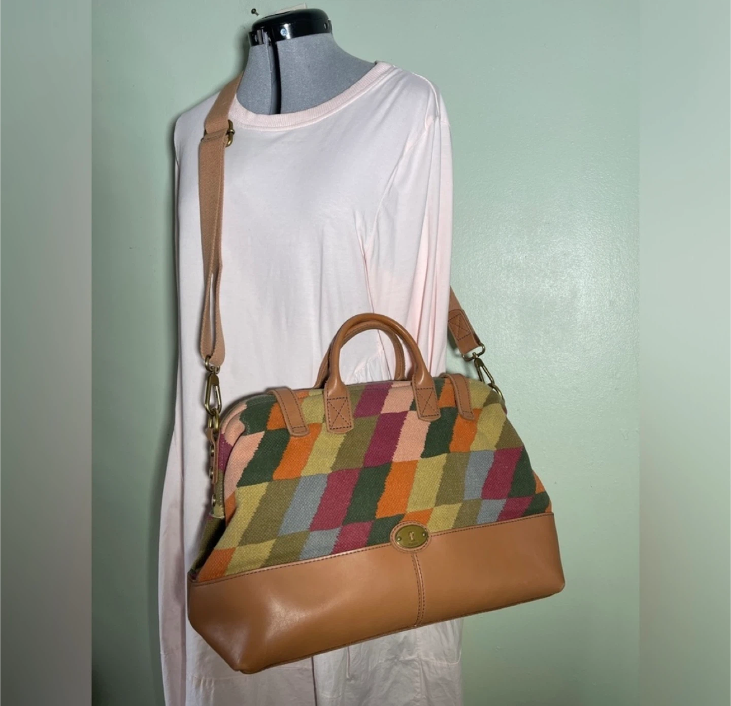 Fossil Woven Patchwork Leather Trim Satchel