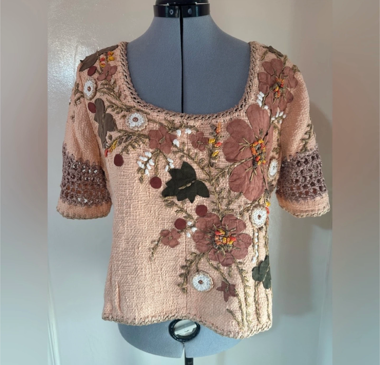 Handmade Floral Appliqué Knit Top - Size Medium