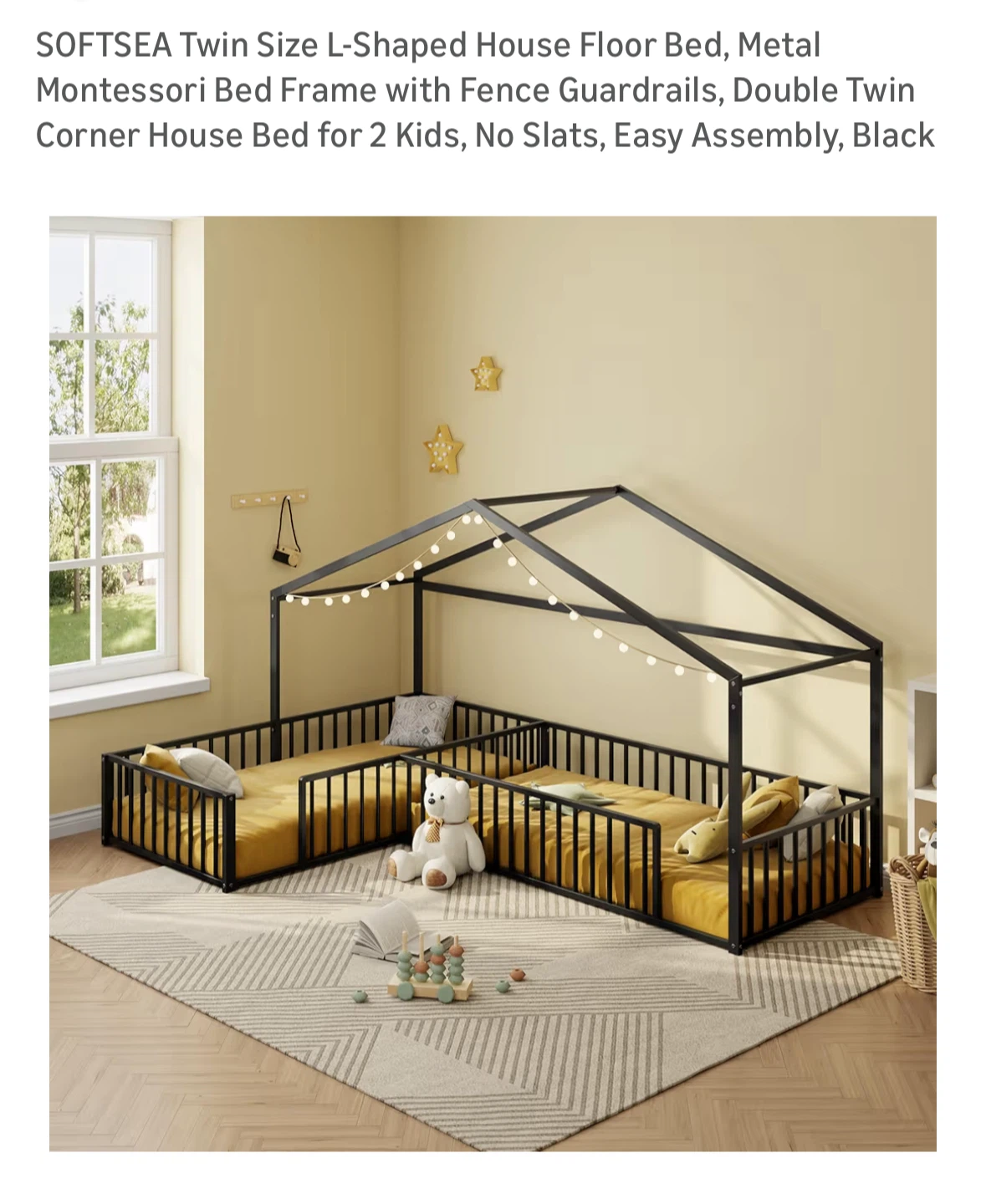 SOFTSEA Twin L-Shaped House Floor Bed, Black