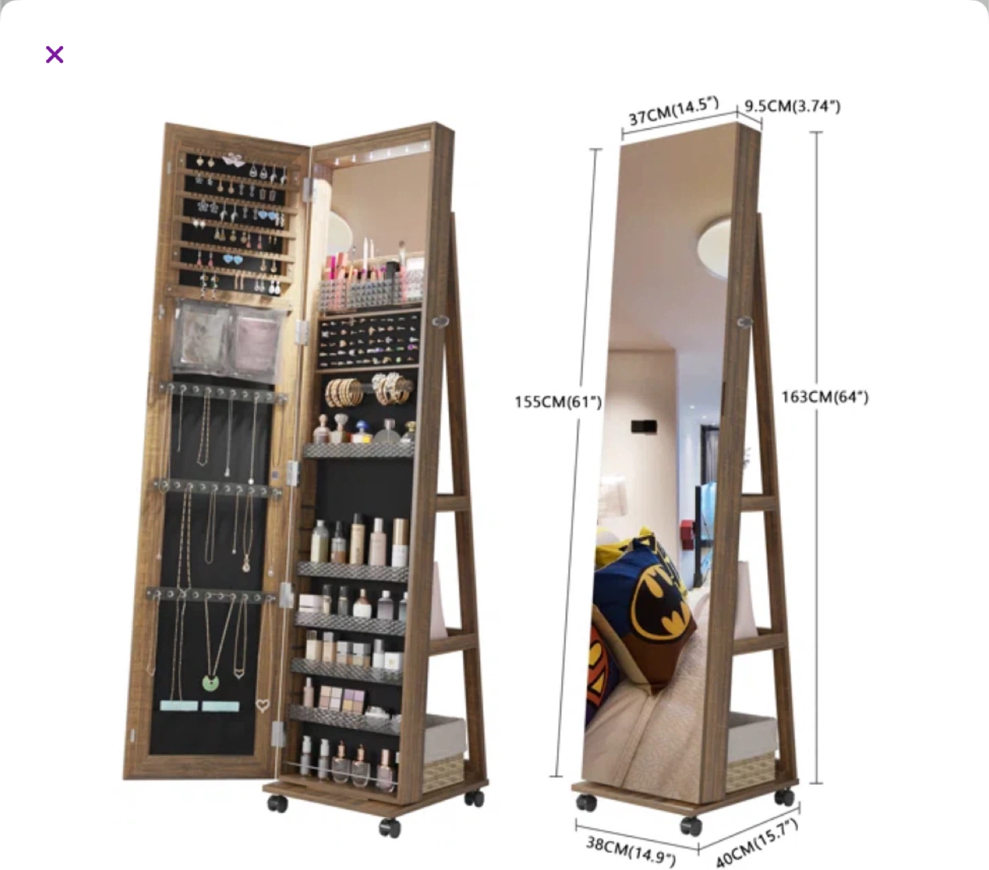 Rolling Jewelry Armoire Mirror Cabinet