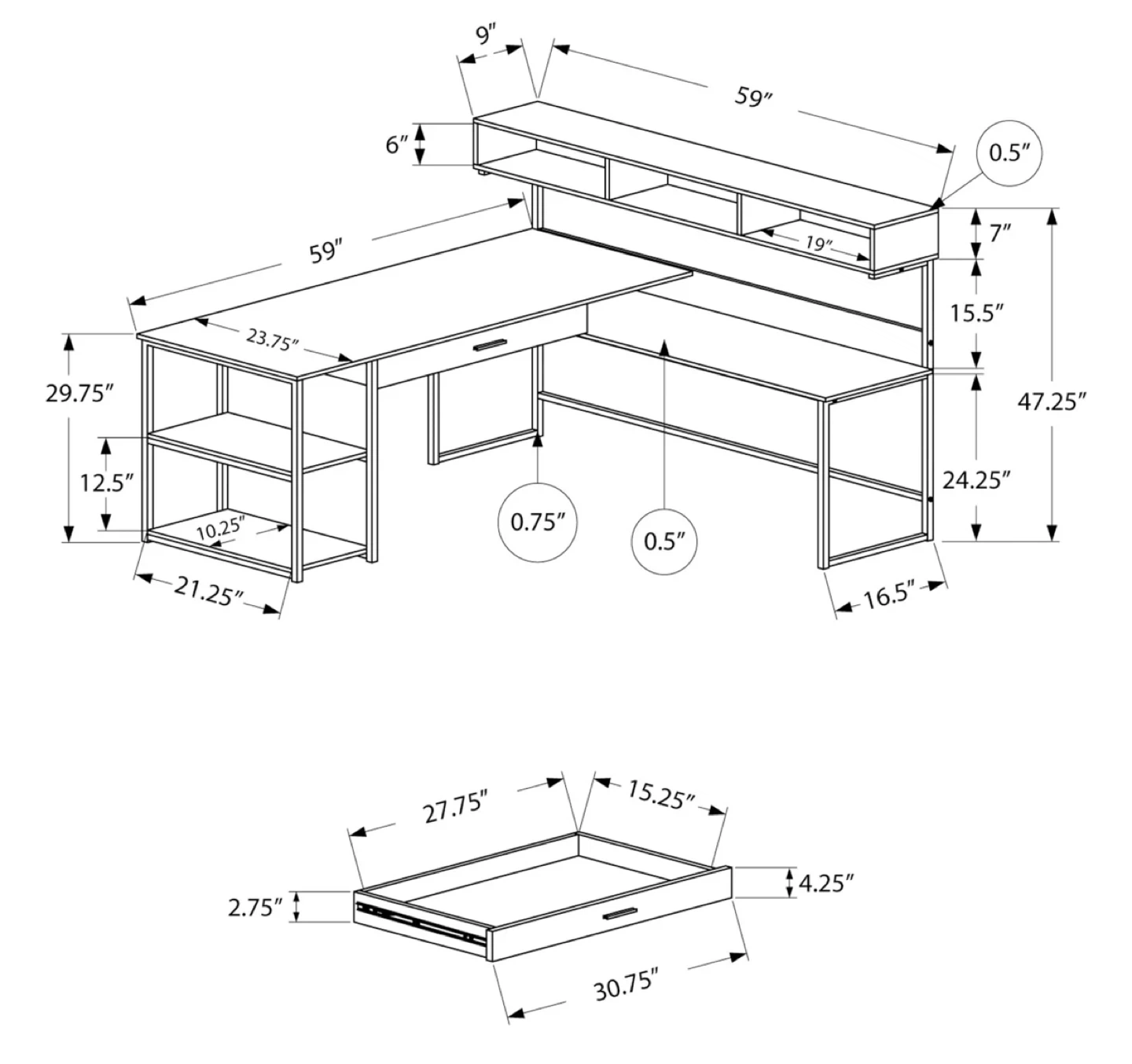L-Shaped Brown Computer Desk with Hutch - photo 2