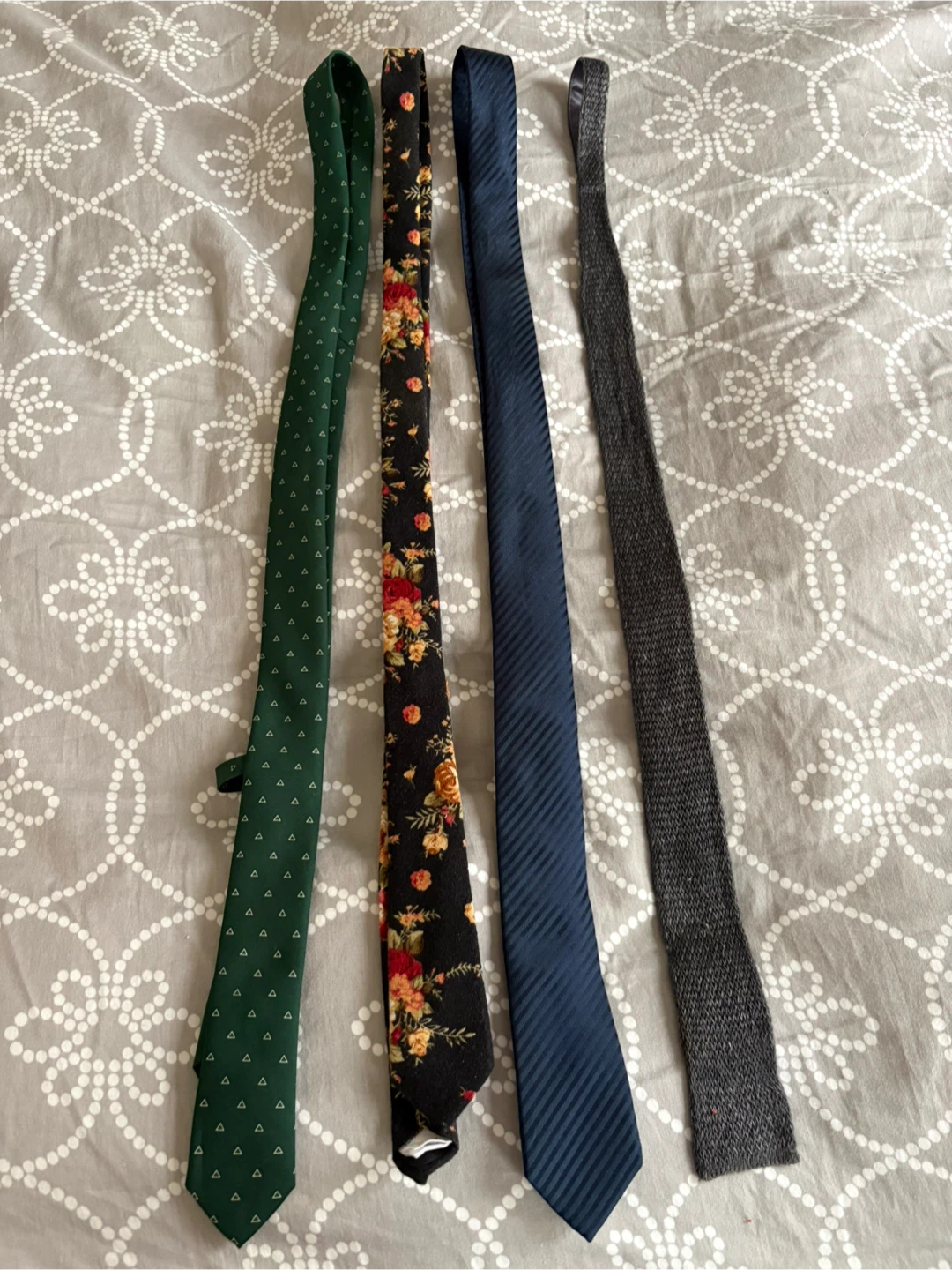 Set of 4 Ties - Green, Floral, Blue, Grey