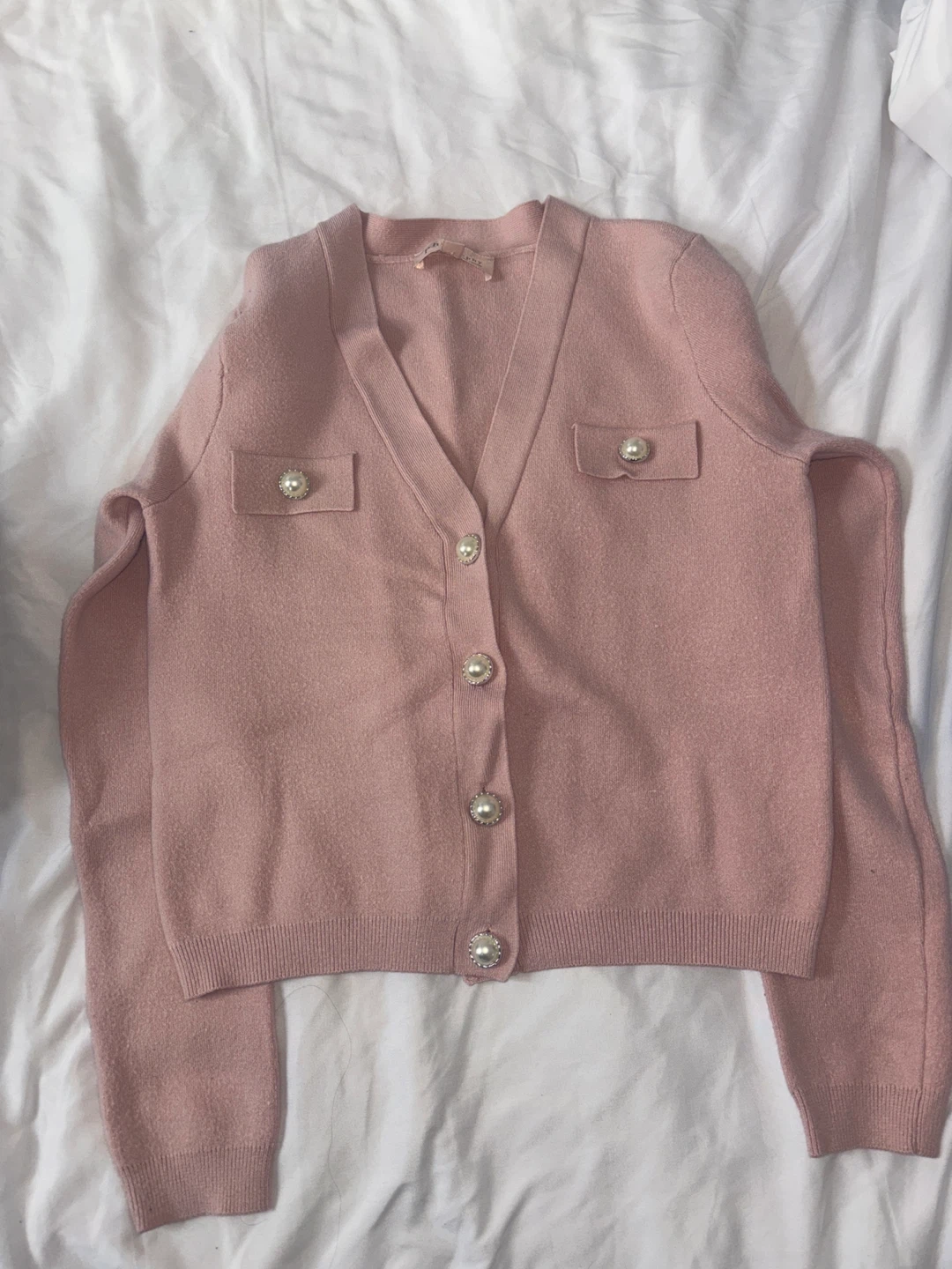 Pink Cardigan with Pearl Buttons