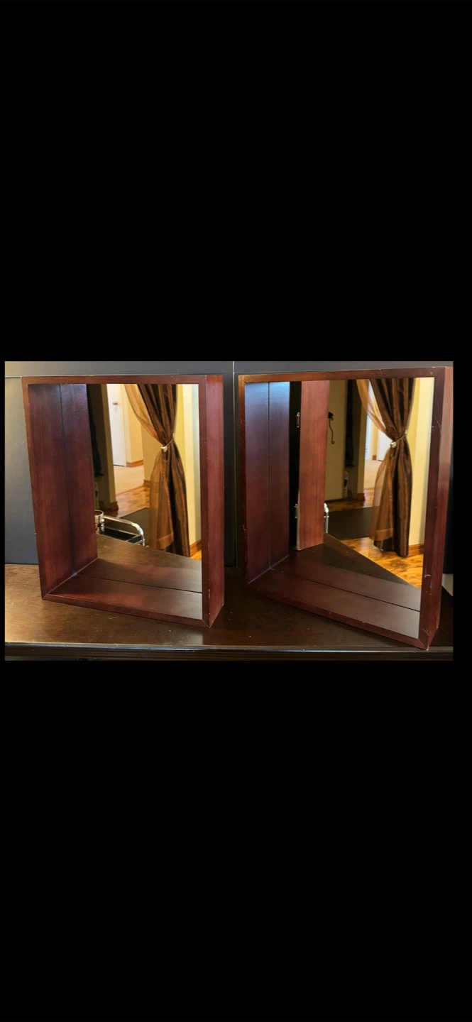 Vintage Pair of Dark Wood & Mirror Display Cubes