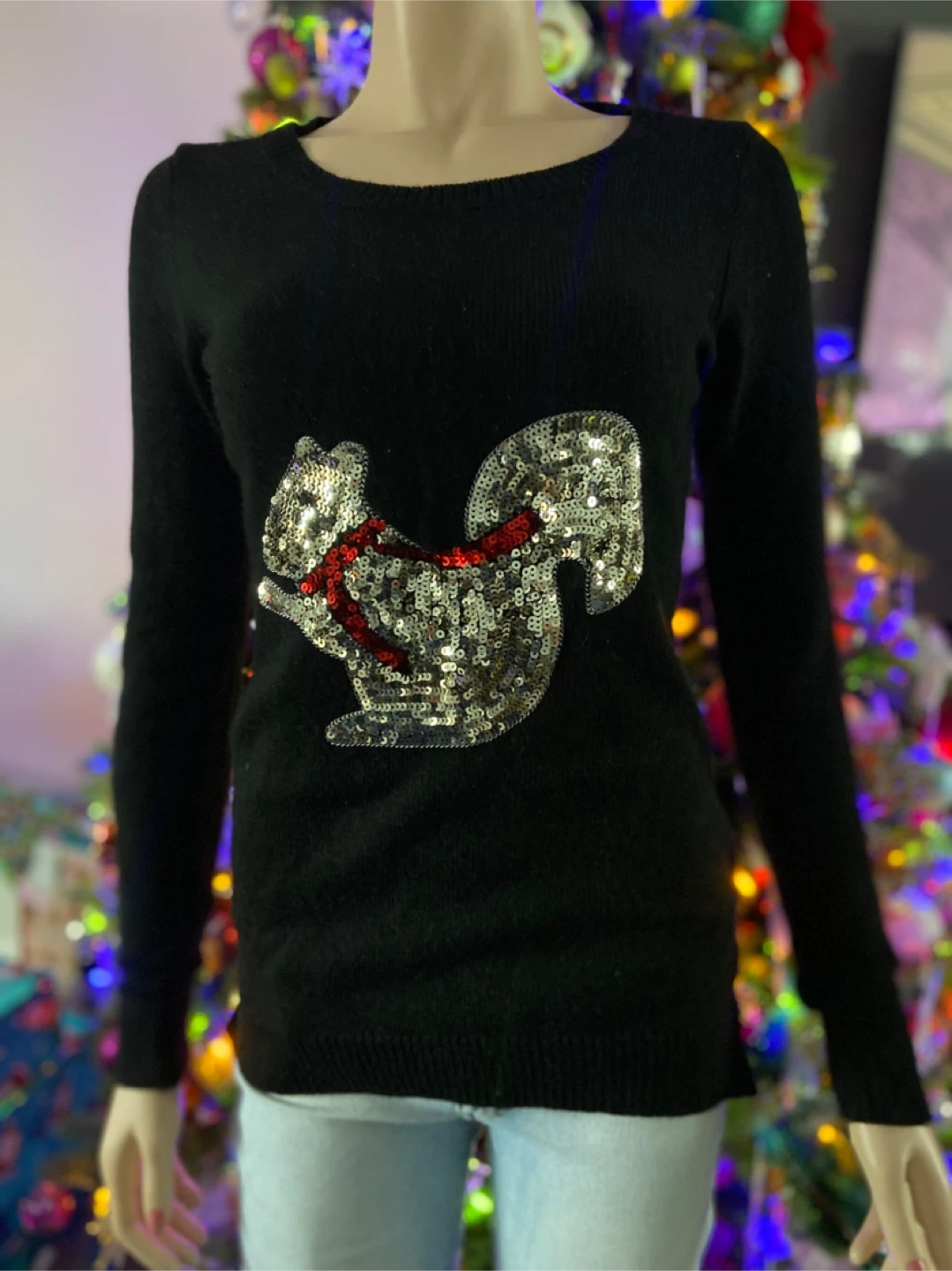 LIKE NEW: XS Ricki’s Black Sequin Squirrel Holiday Sweater - photo 2