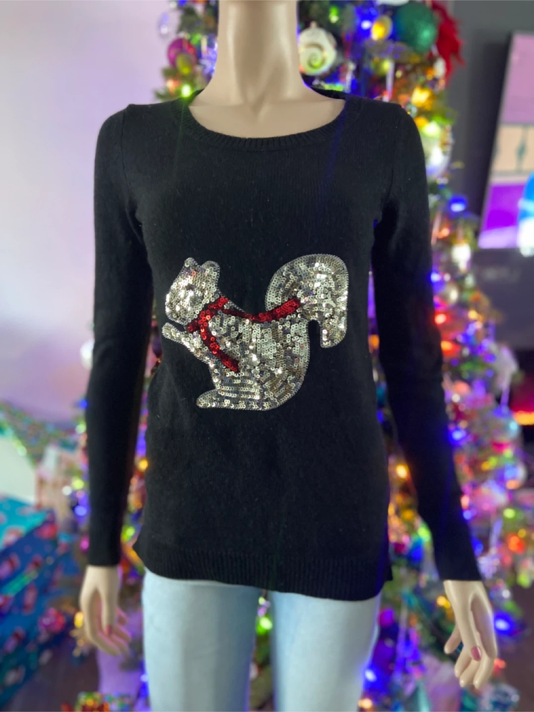 LIKE NEW: XS Ricki’s Black Sequin Squirrel Holiday Sweater