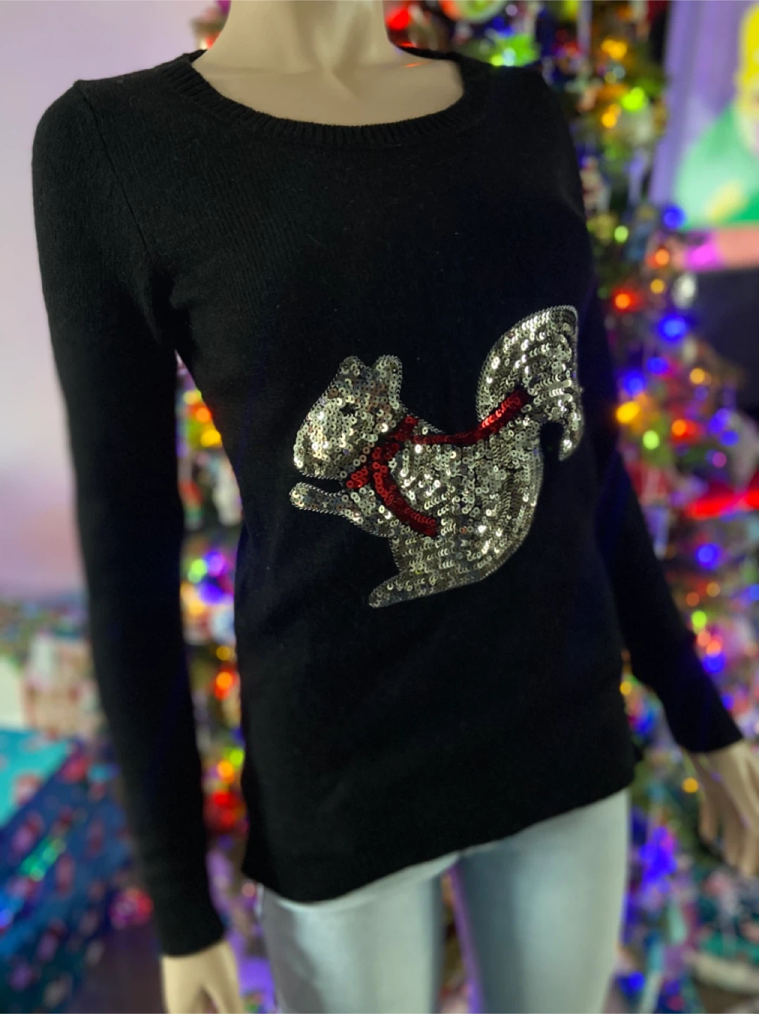 LIKE NEW: XS Ricki’s Black Sequin Squirrel Holiday Sweater - photo 4