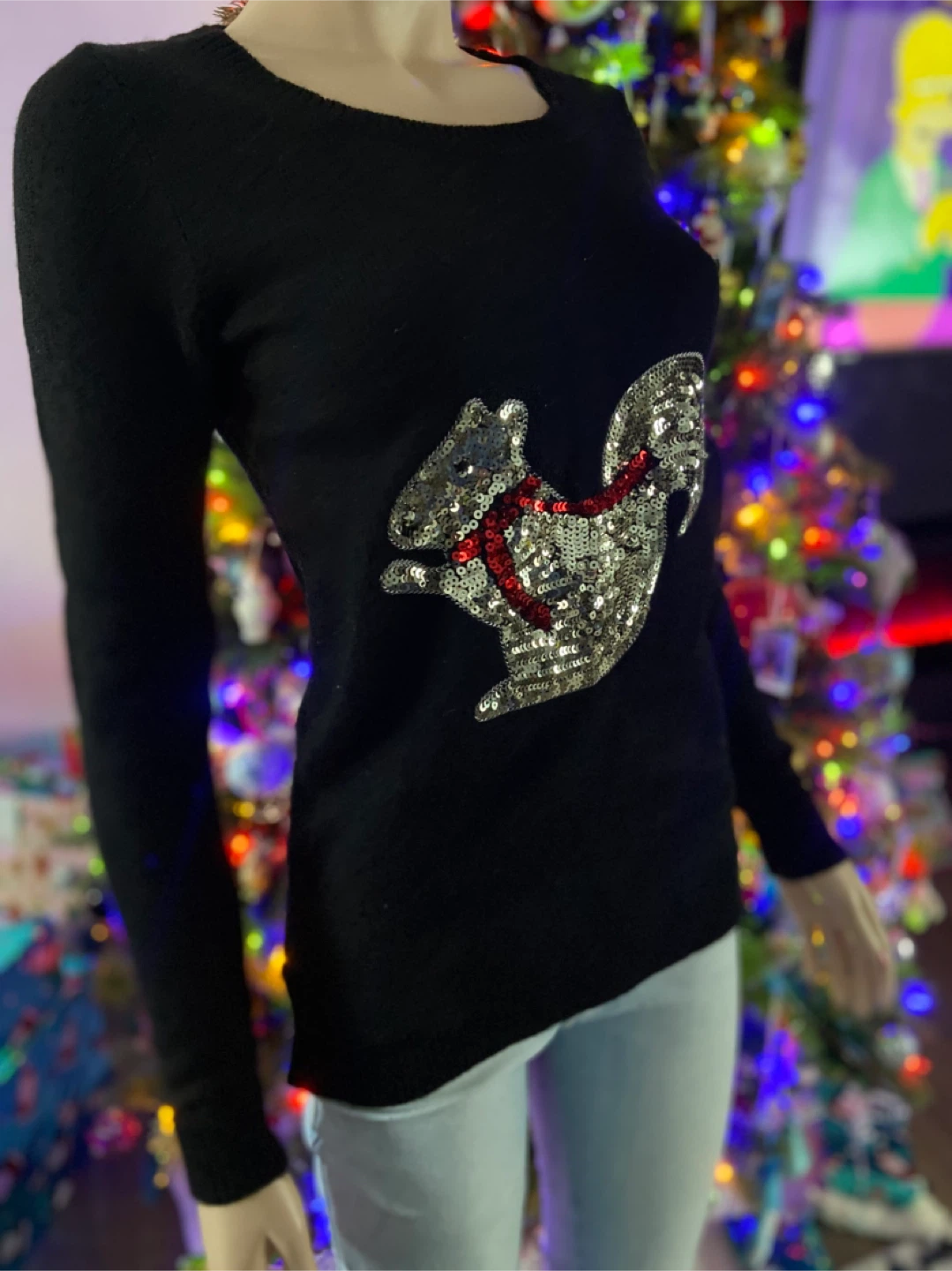 LIKE NEW: XS Ricki’s Black Sequin Squirrel Holiday Sweater - photo 3