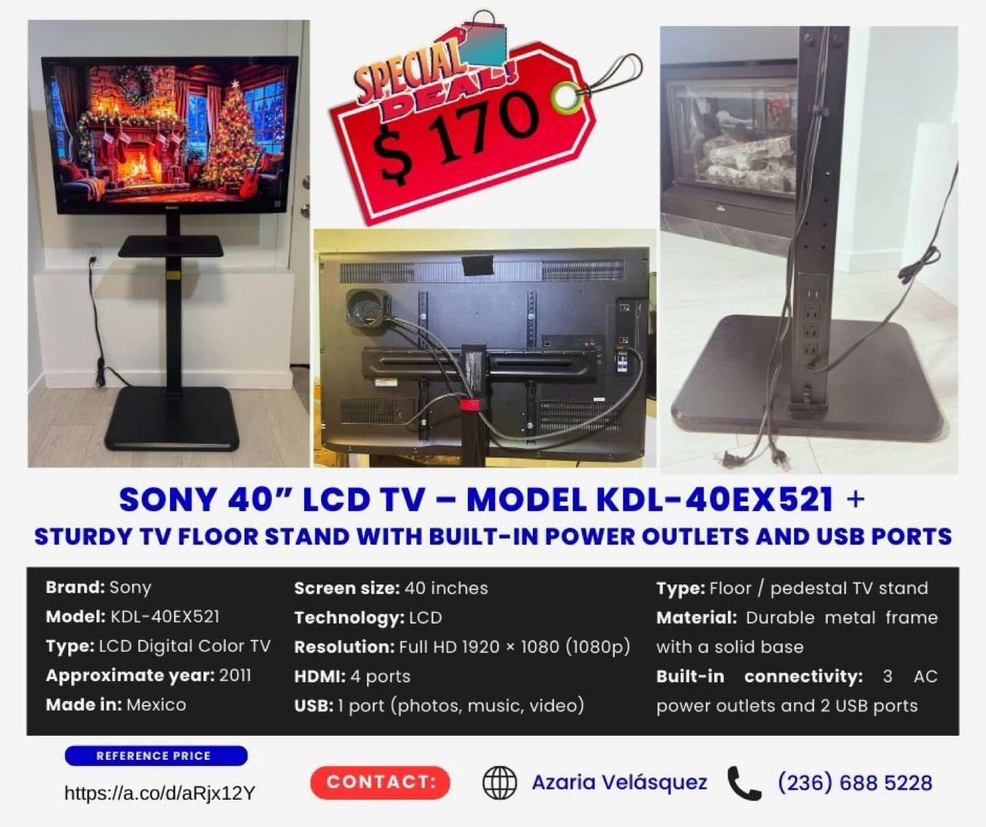 Sony 40” LCD TV (KDL-40EX521) + TV Floor Stand with Power & USB