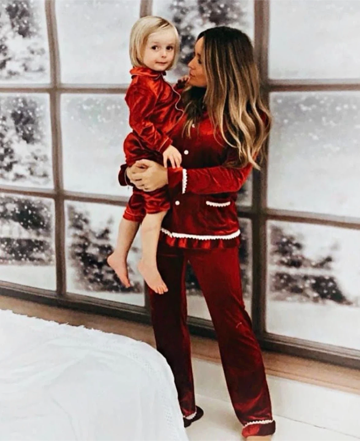 Women’s Luxury Red Velvet Frill Leg Pajamas for Mum - Size L