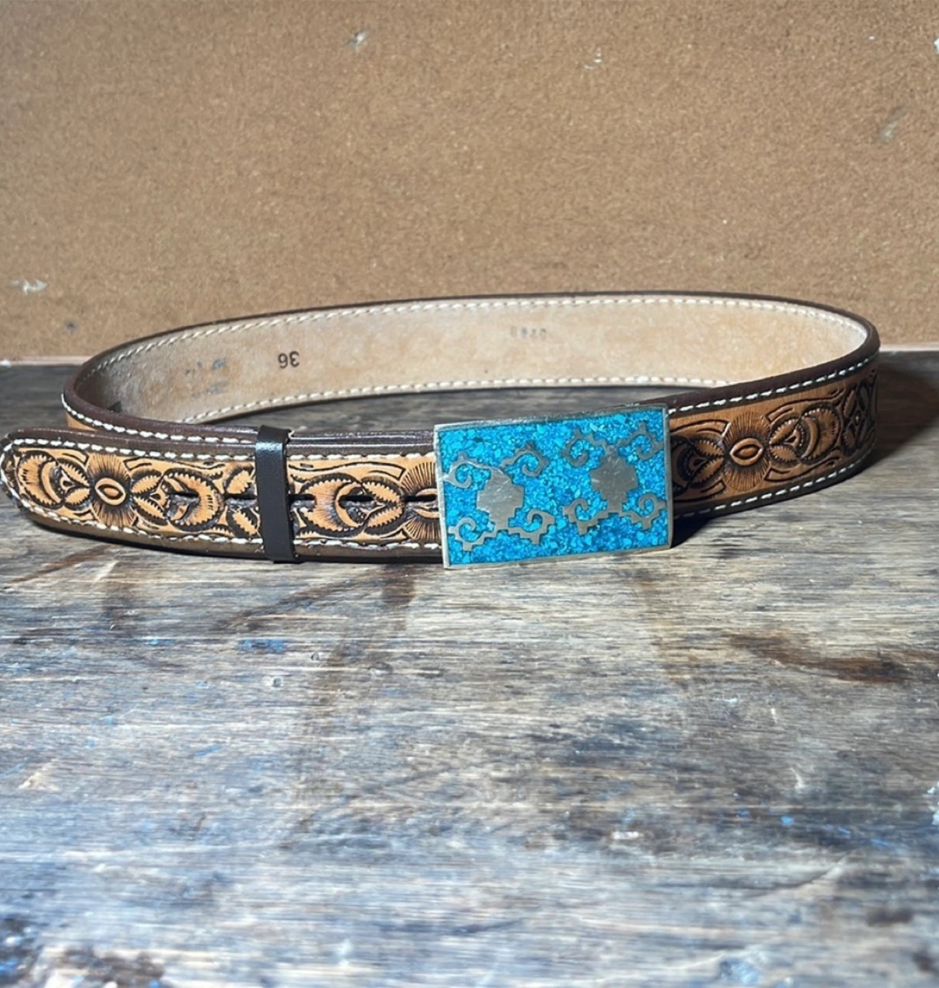 Made in Mexico Leather Belt with Turquoise Buckle, Size 36 - photo 2