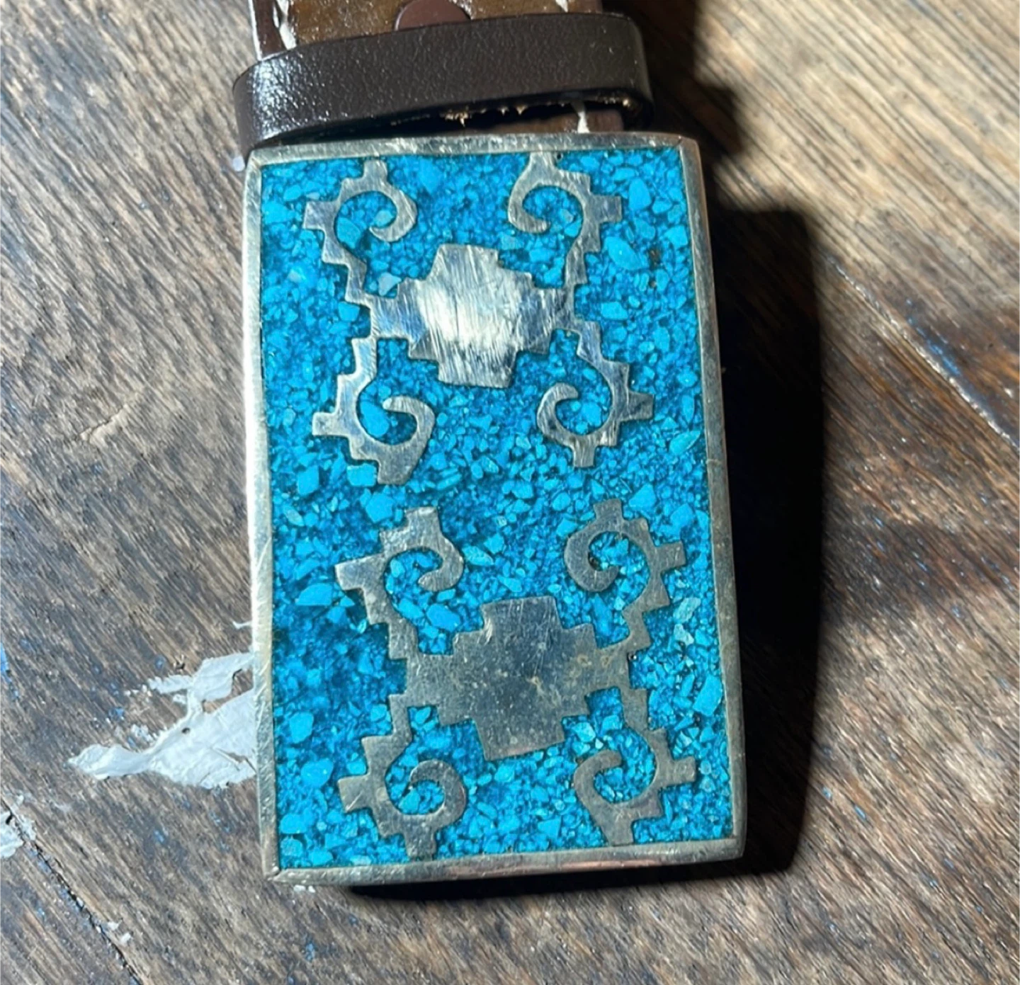 Made in Mexico Leather Belt with Turquoise Buckle, Size 36 - photo 5