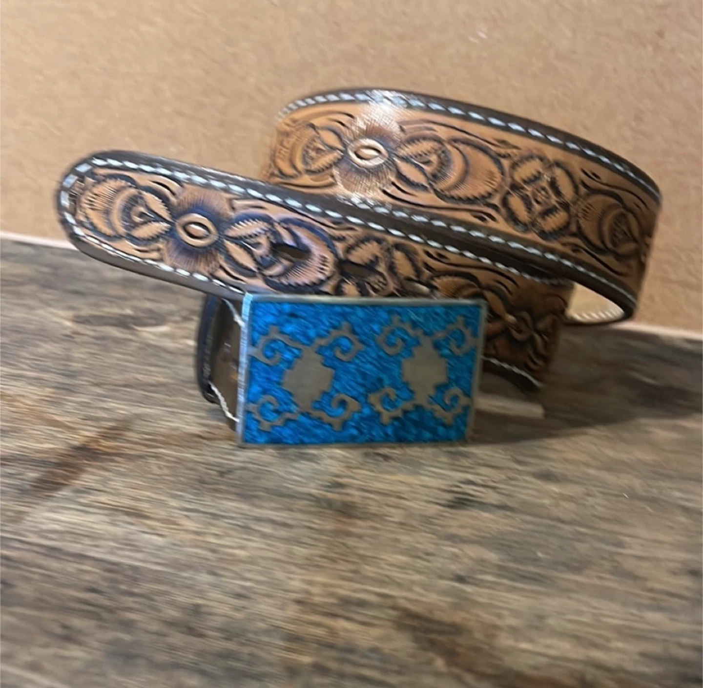 Made in Mexico Leather Belt with Turquoise Buckle, Size 36