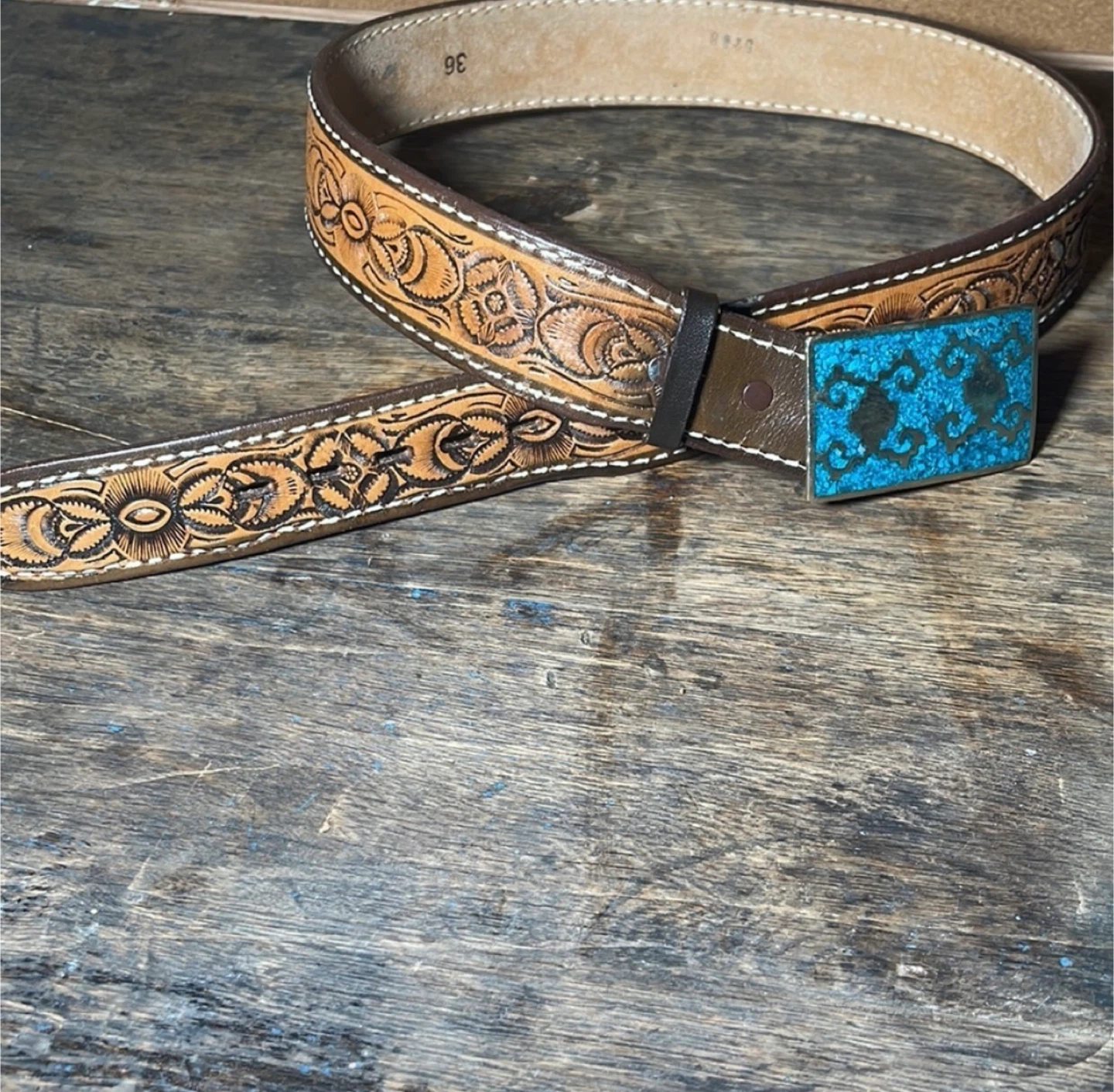 Made in Mexico Leather Belt with Turquoise Buckle, Size 36 - photo 3