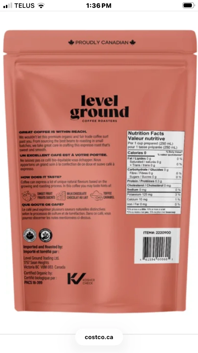 NEW Level Ground Organic Espresso Whole Bean Coffee, 907g - photo 2