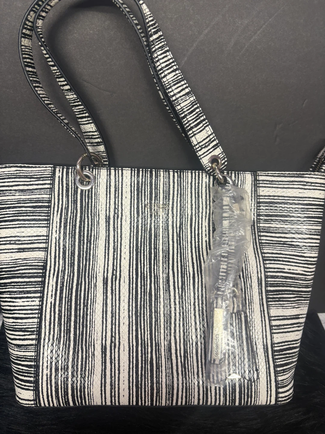 Guess Black & White Striped Tote Bag
