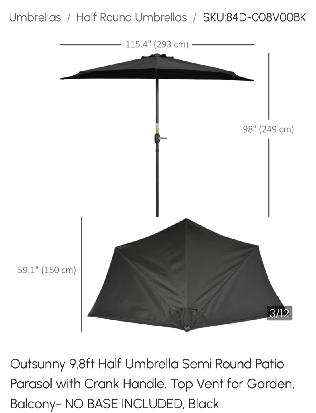 Outsunny 9.8ft Half Umbrella - Black - photo 3