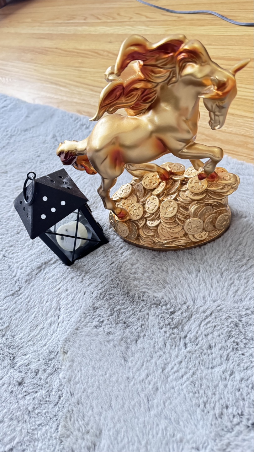 Golden Horse Statue with Coins & Black Lantern