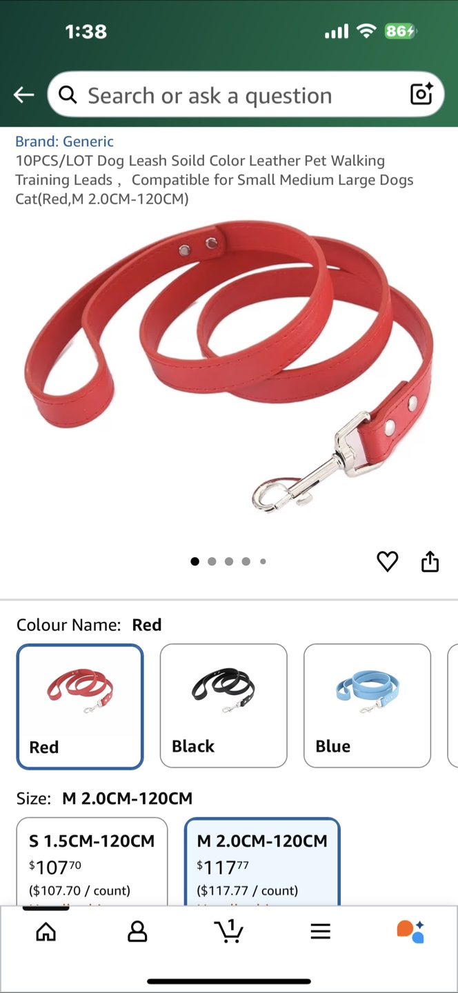 Dog Leash Red Leather, Size M (2.0CM-120CM)