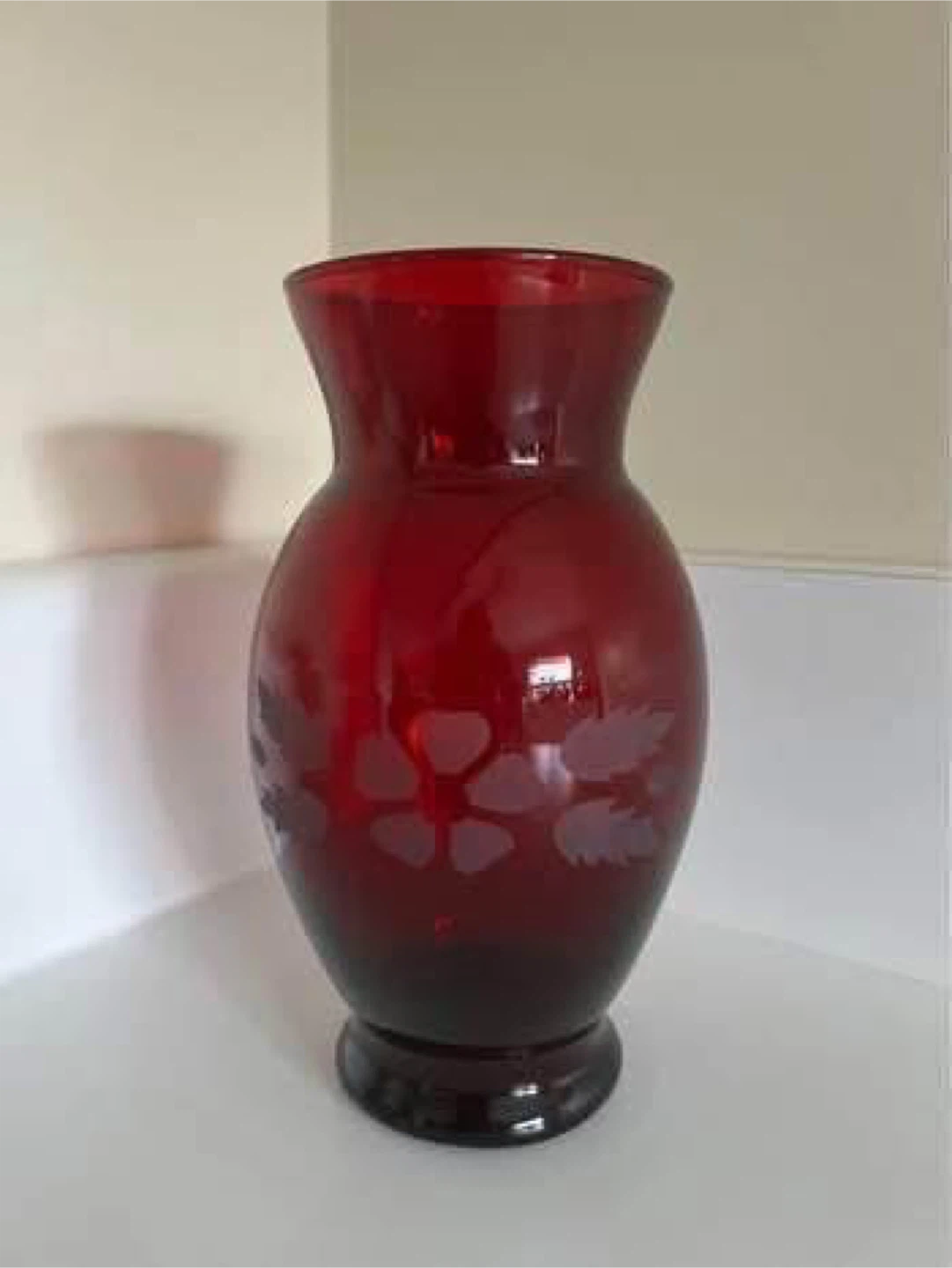 Red Glass Vase with Flower Design