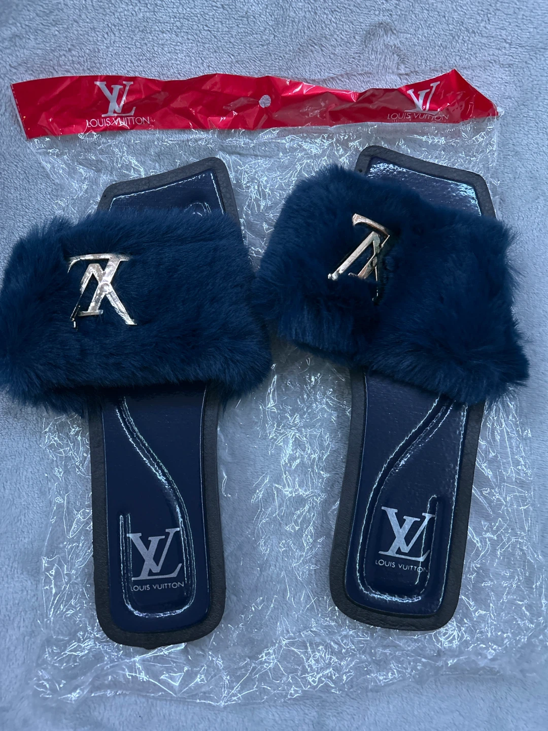 Blue Furry Slides - Size 41