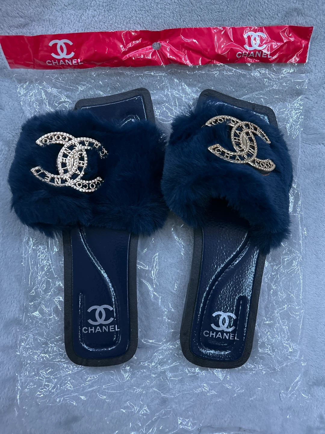 Blue Fur Slides Size 40