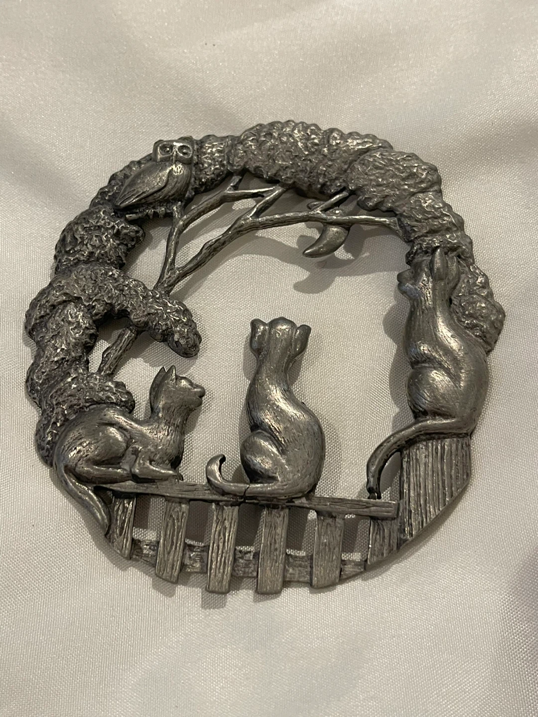 Pewter Cat & Owl Ornament