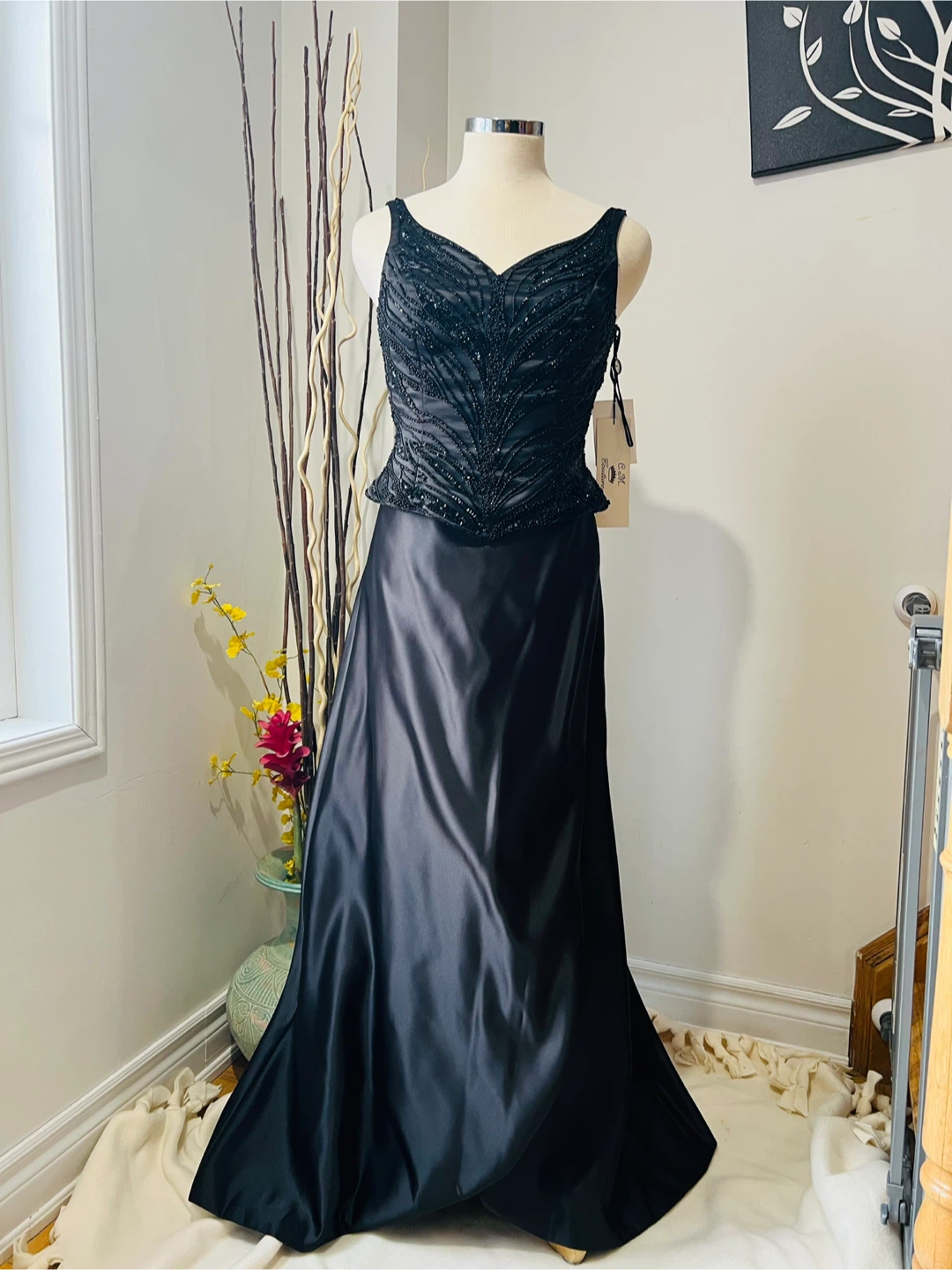 C.M. Couture Black Beaded Satin Dress - Size 10