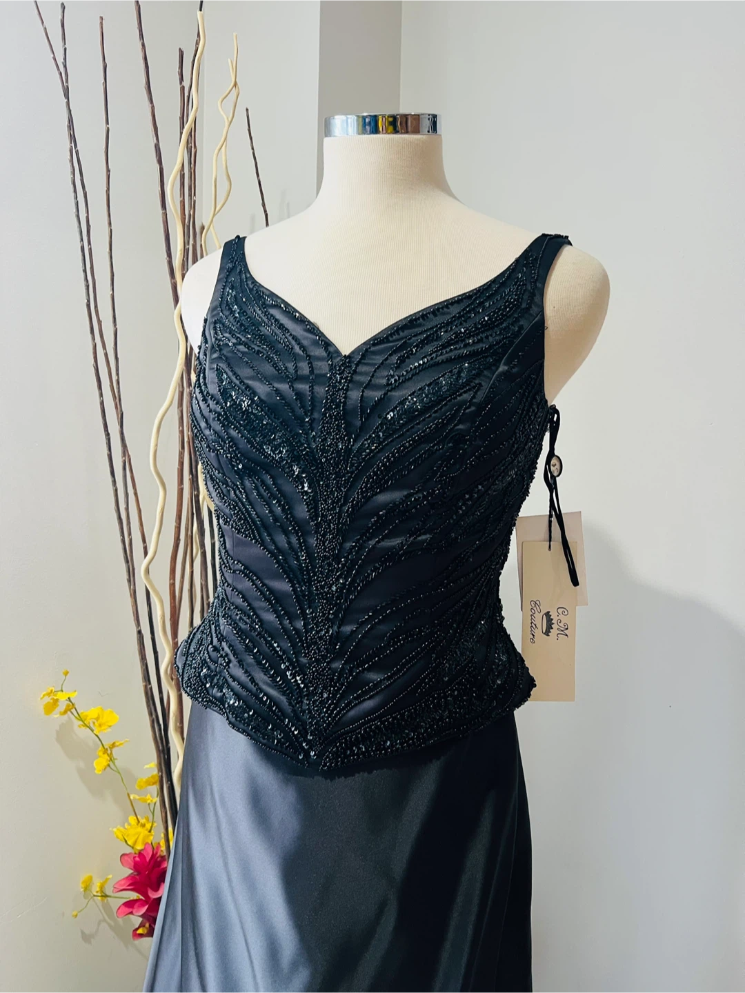 C.M. Couture Black Beaded Satin Dress - Size 10 - photo 2