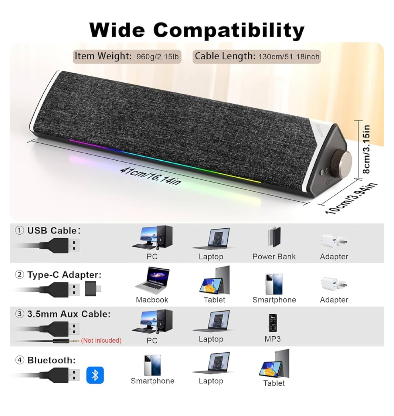 Computer Soundbar with LED Light Effects - photo 2