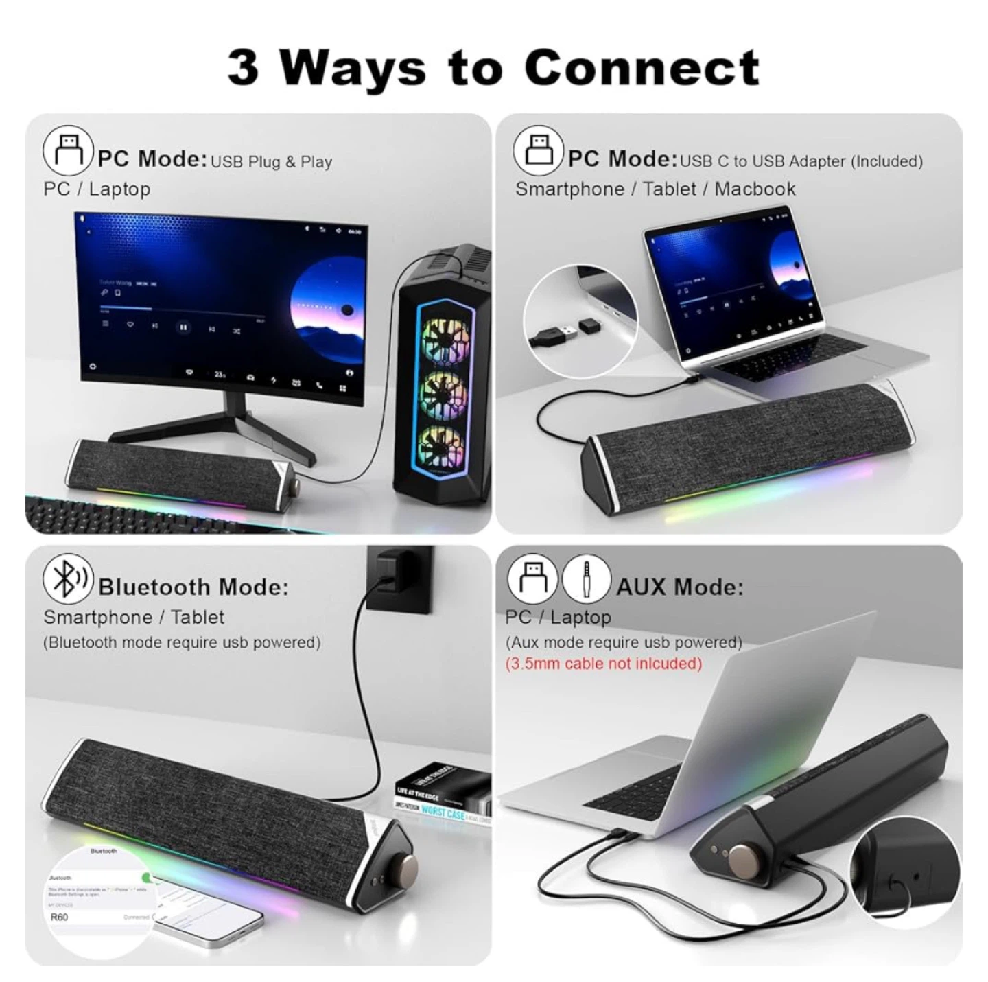 Computer Soundbar with LED Light Effects - photo 3