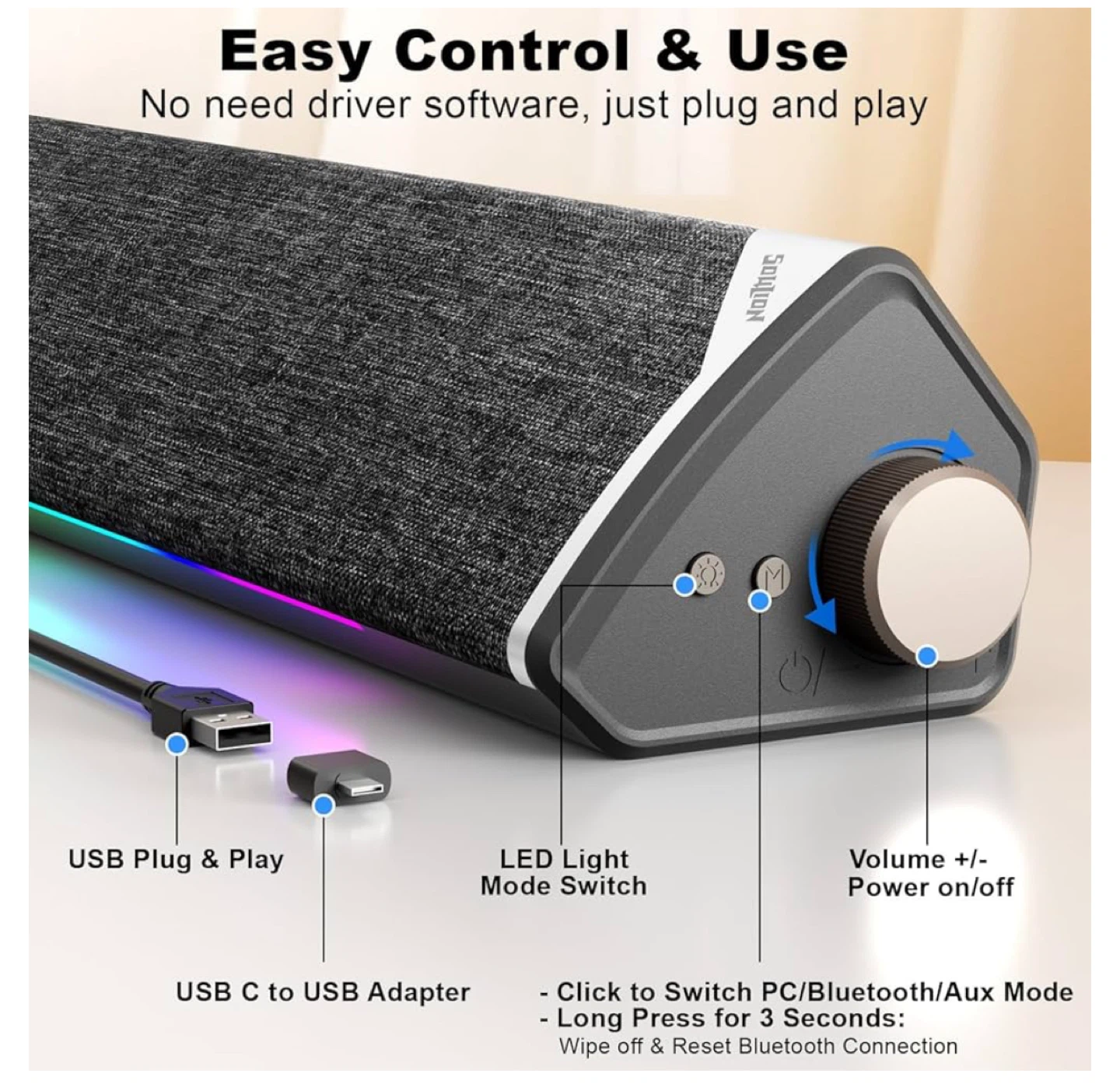 Computer Soundbar with LED Light Effects - photo 5