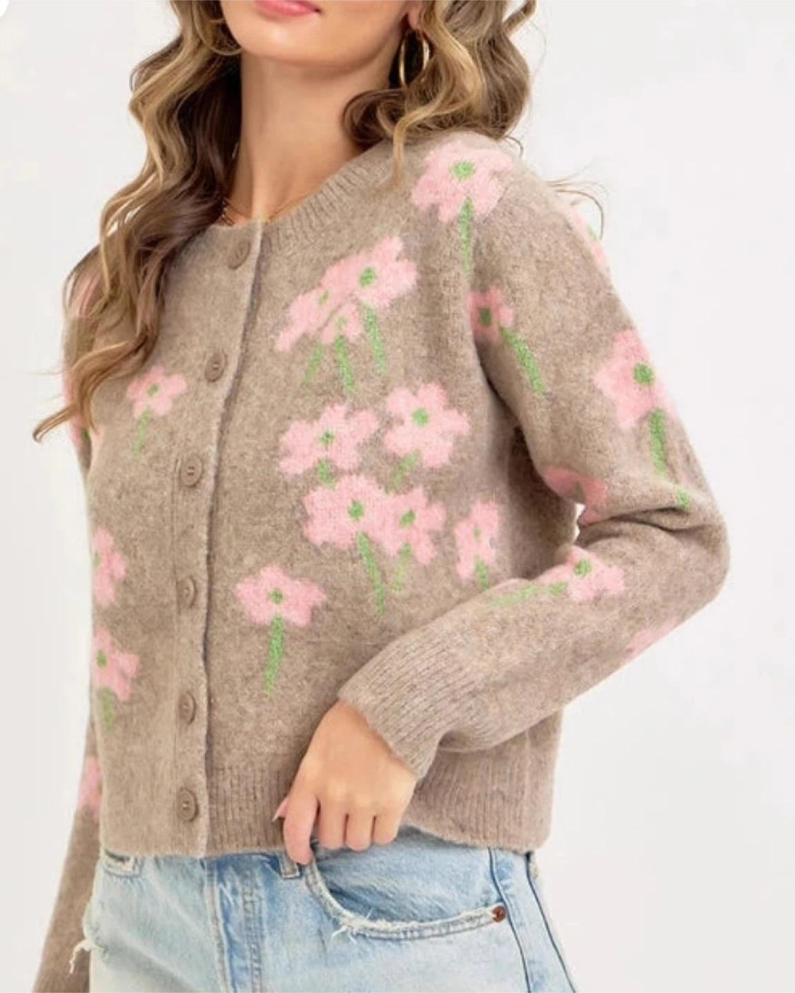 Floral Cardigan - Taupe with Pink Flowers - photo 3