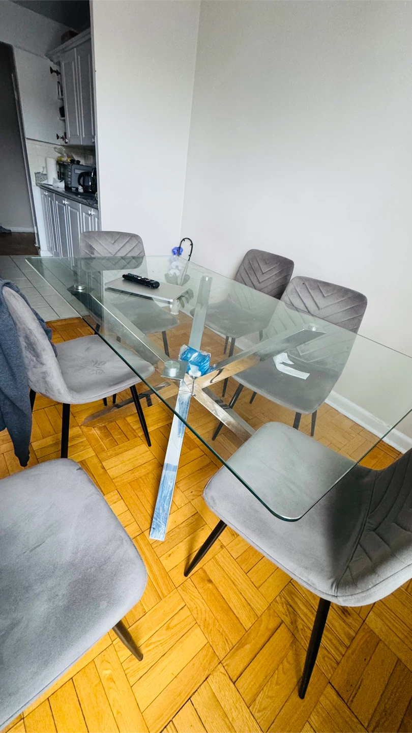 Glass Top Dining Table with 6 Grey Chairs