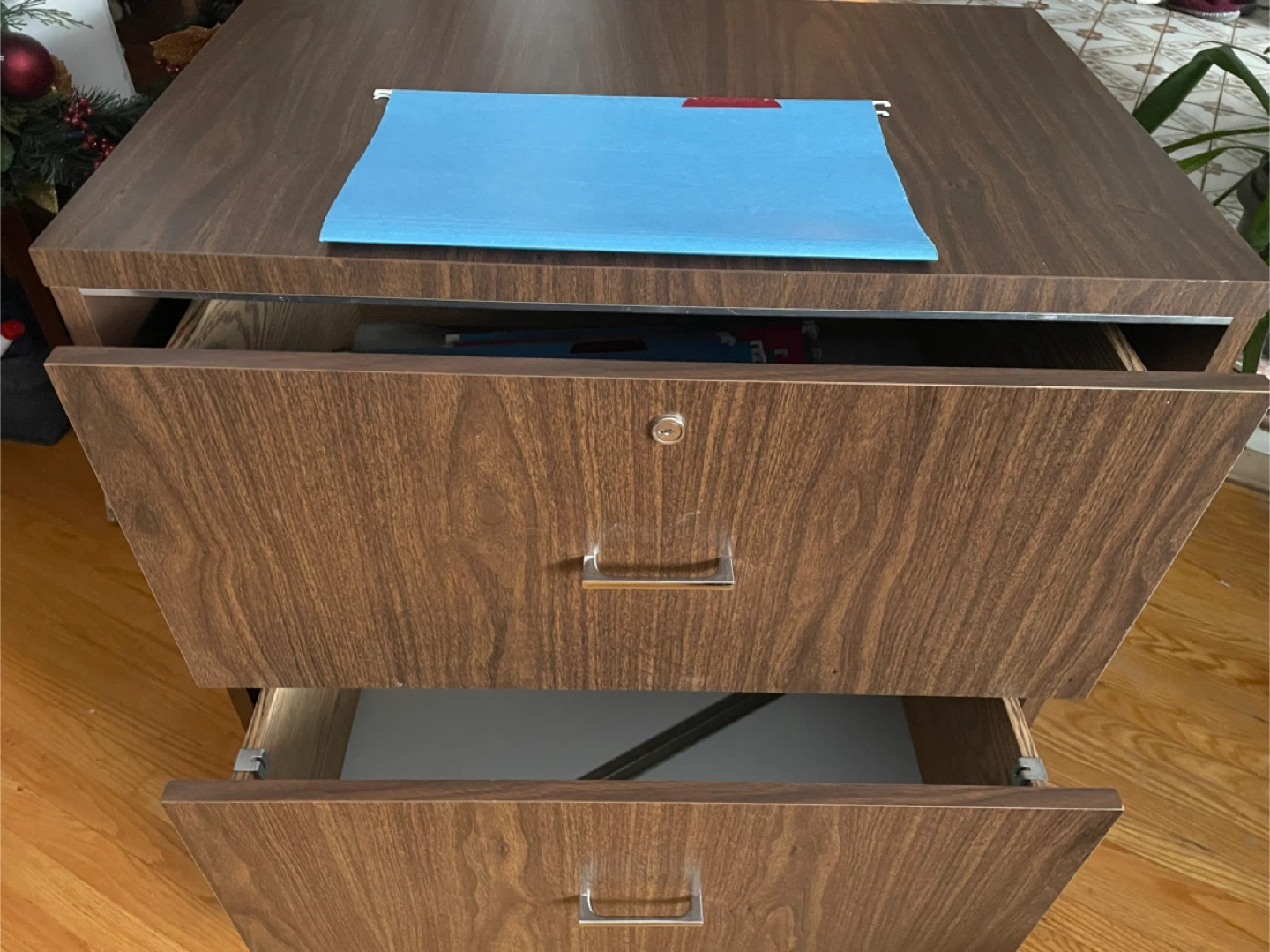 Brown Wood Filing Cabinet - 2 Drawers