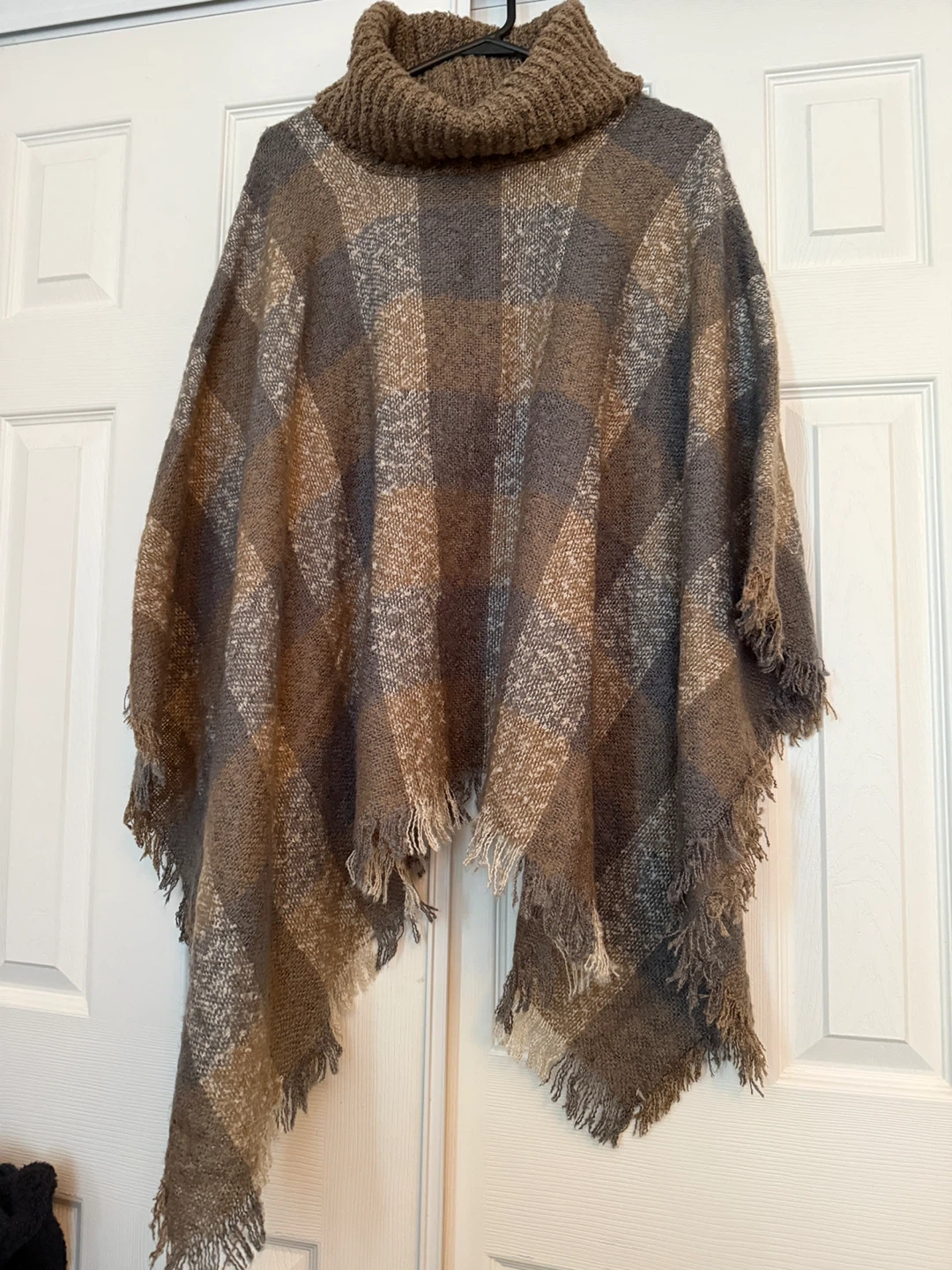 Brown Plaid Poncho with Turtleneck