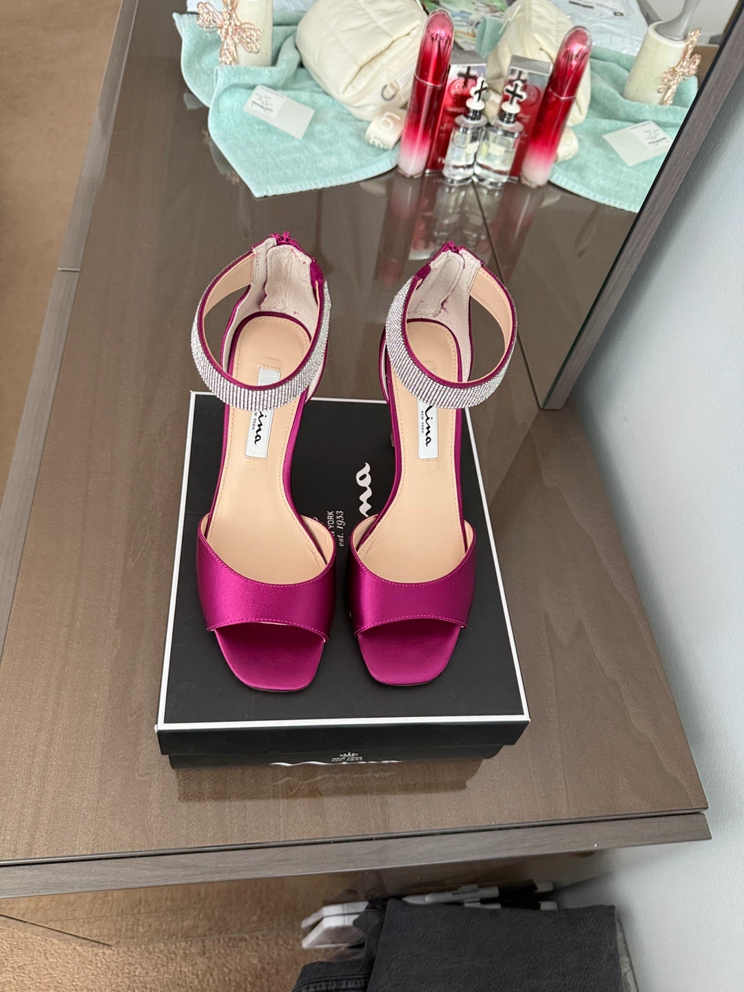 Nina Dezzie-YS Wine Crystal Satin Heels - Size 7