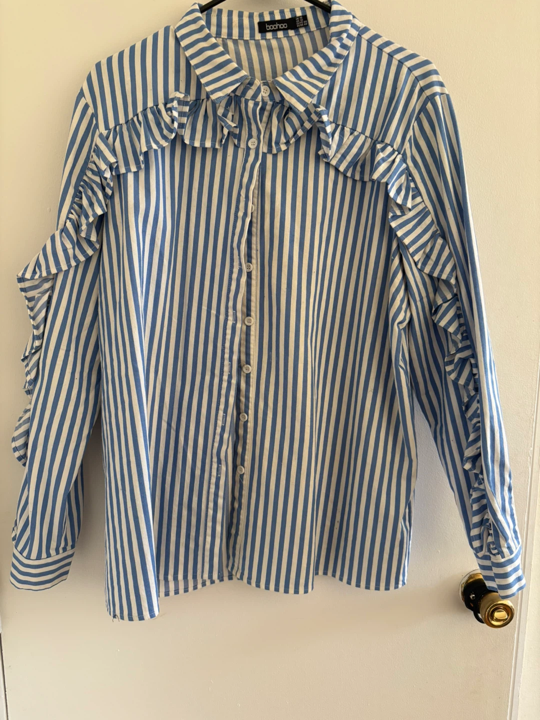 Boohoo Blue Striped Ruffle Sleeve Blouse